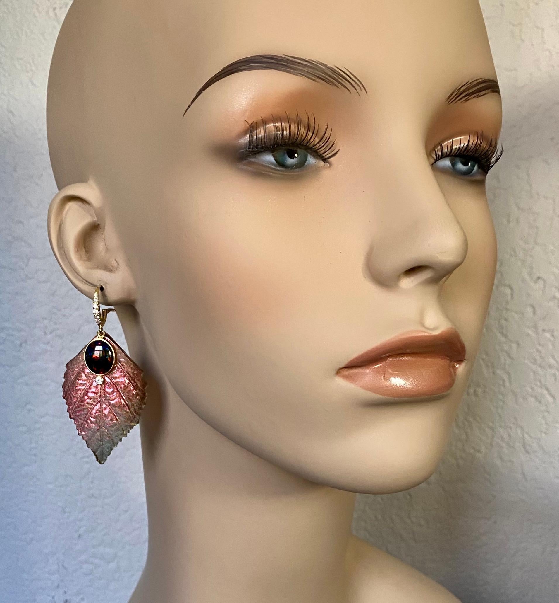 Mixed Cut Michael Kneebone Ethiopian Black Opal Diamond Acrylic Leaf Dangle Earrings.   For Sale