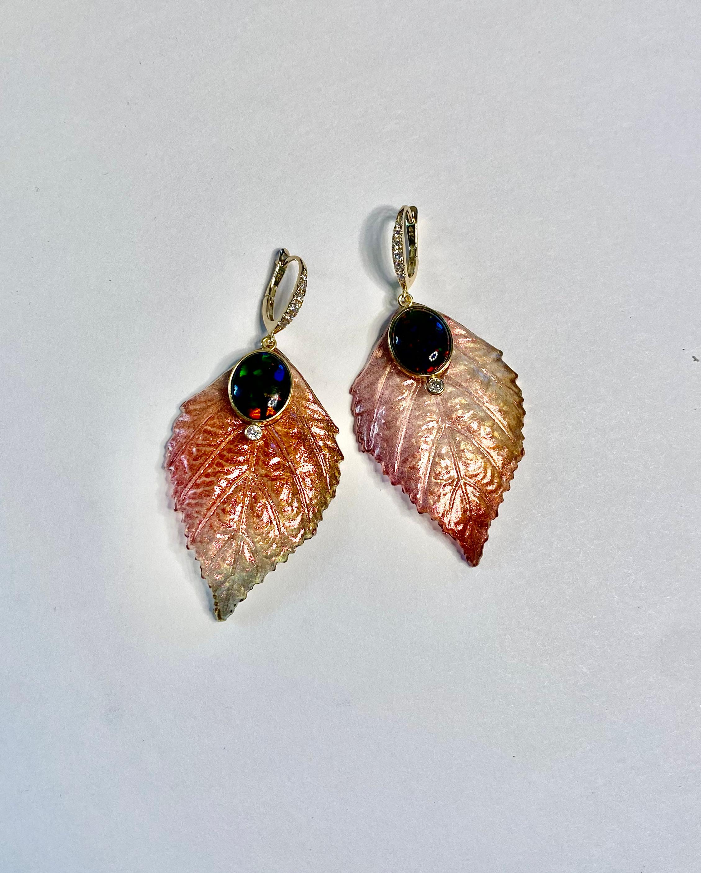 Michael Kneebone Ethiopian Black Opal Diamond Acrylic Leaf Dangle Earrings.   For Sale 1