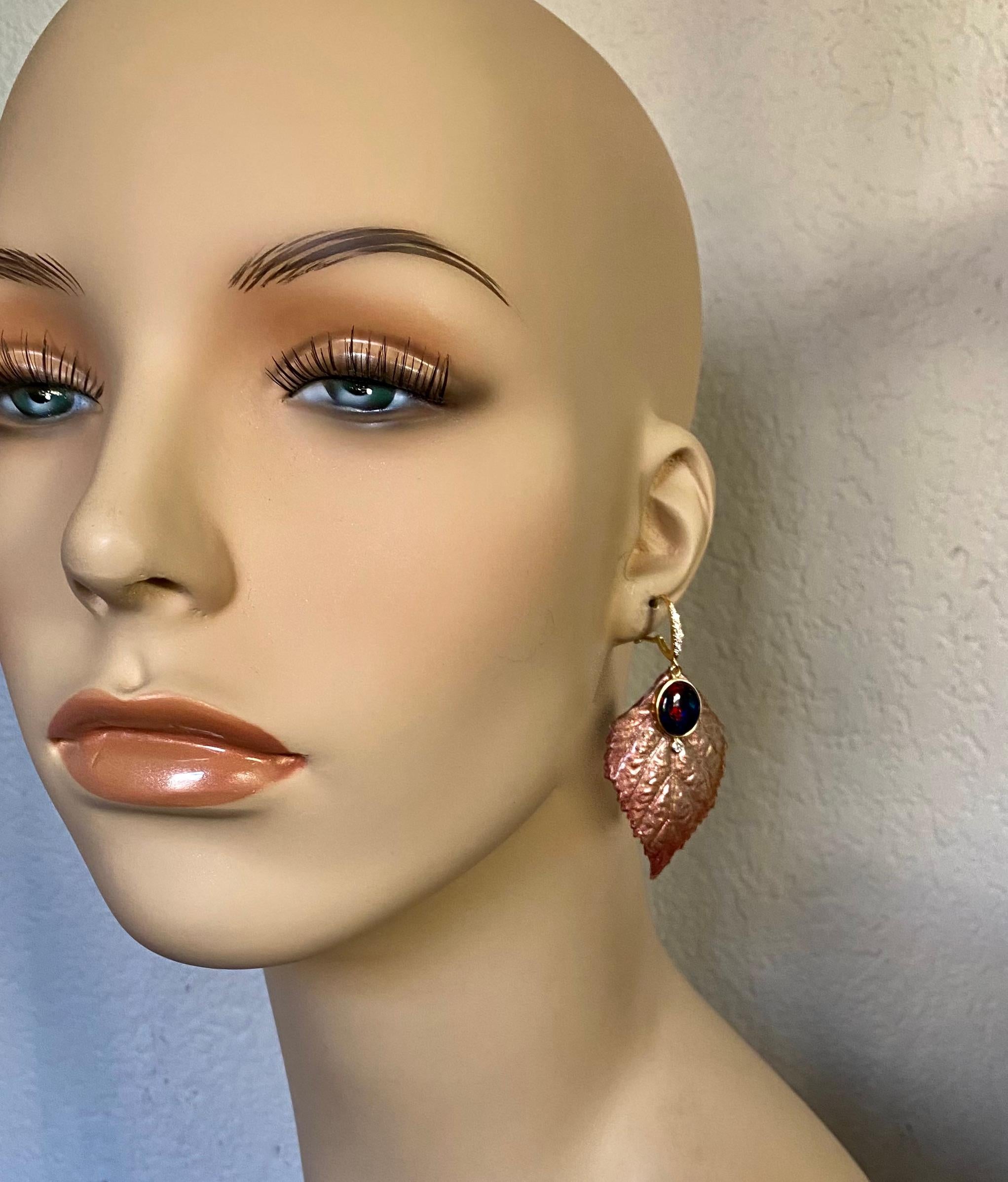 Michael Kneebone Ethiopian Black Opal Diamond Acrylic Leaf Dangle Earrings.   For Sale 2