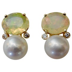 Michael Kneebone Ethiopian Opal White Diamond Cultured Pearl Earrings