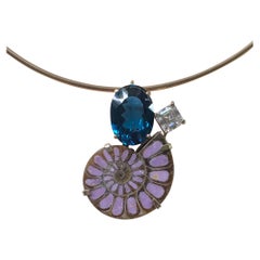 Michael Kneebone Fossil Ammonite Inlay Sugalite Blue Topaz Moissanite Pendant