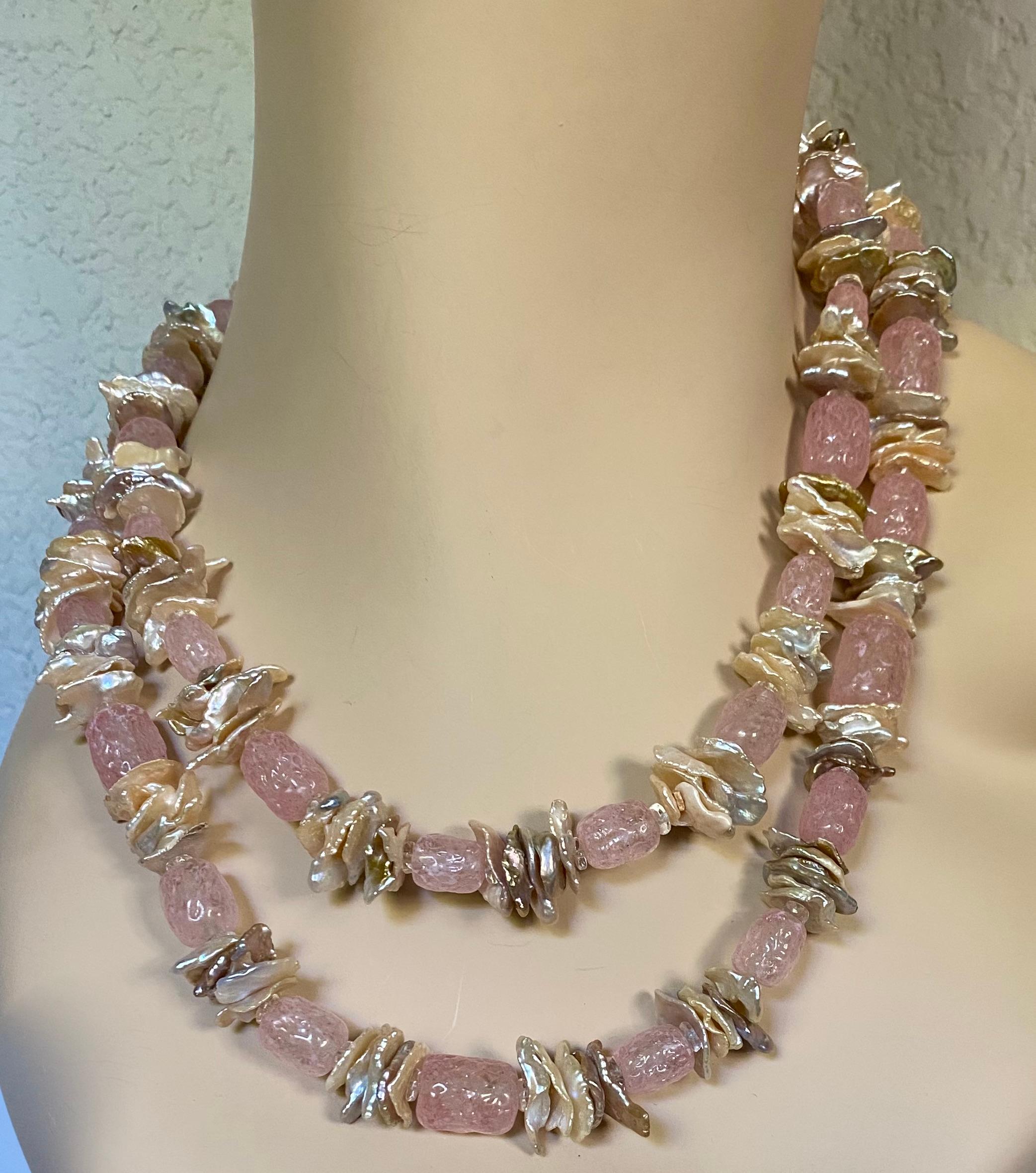 Michael Kneebone Freshwater Keshi Pearl Rose Quartz Torsade Necklace ...