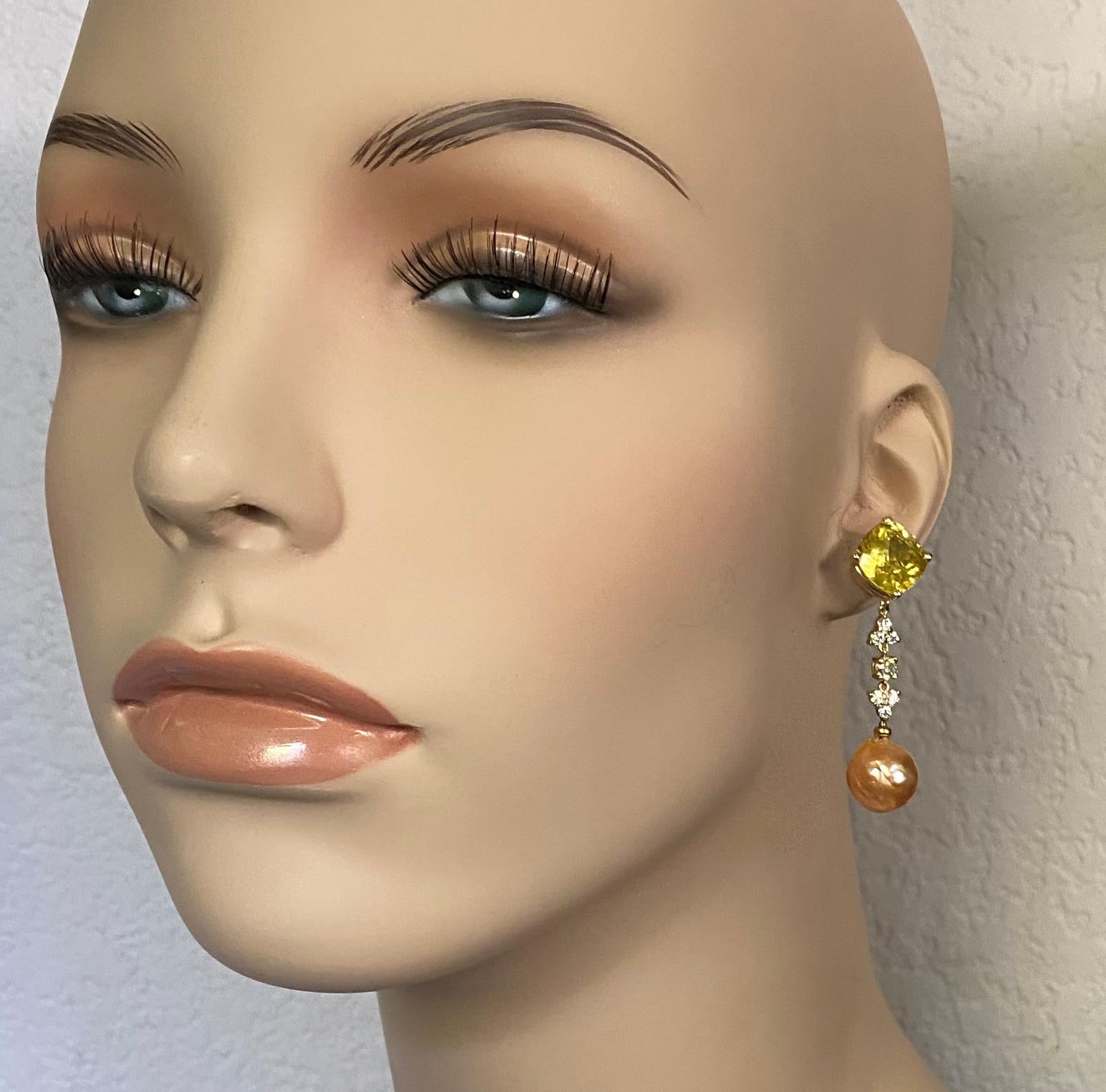 Michael Kneebone Golden Beryl Diamond Diamond Kasumi Pearl Dangle Earrings For Sale 3