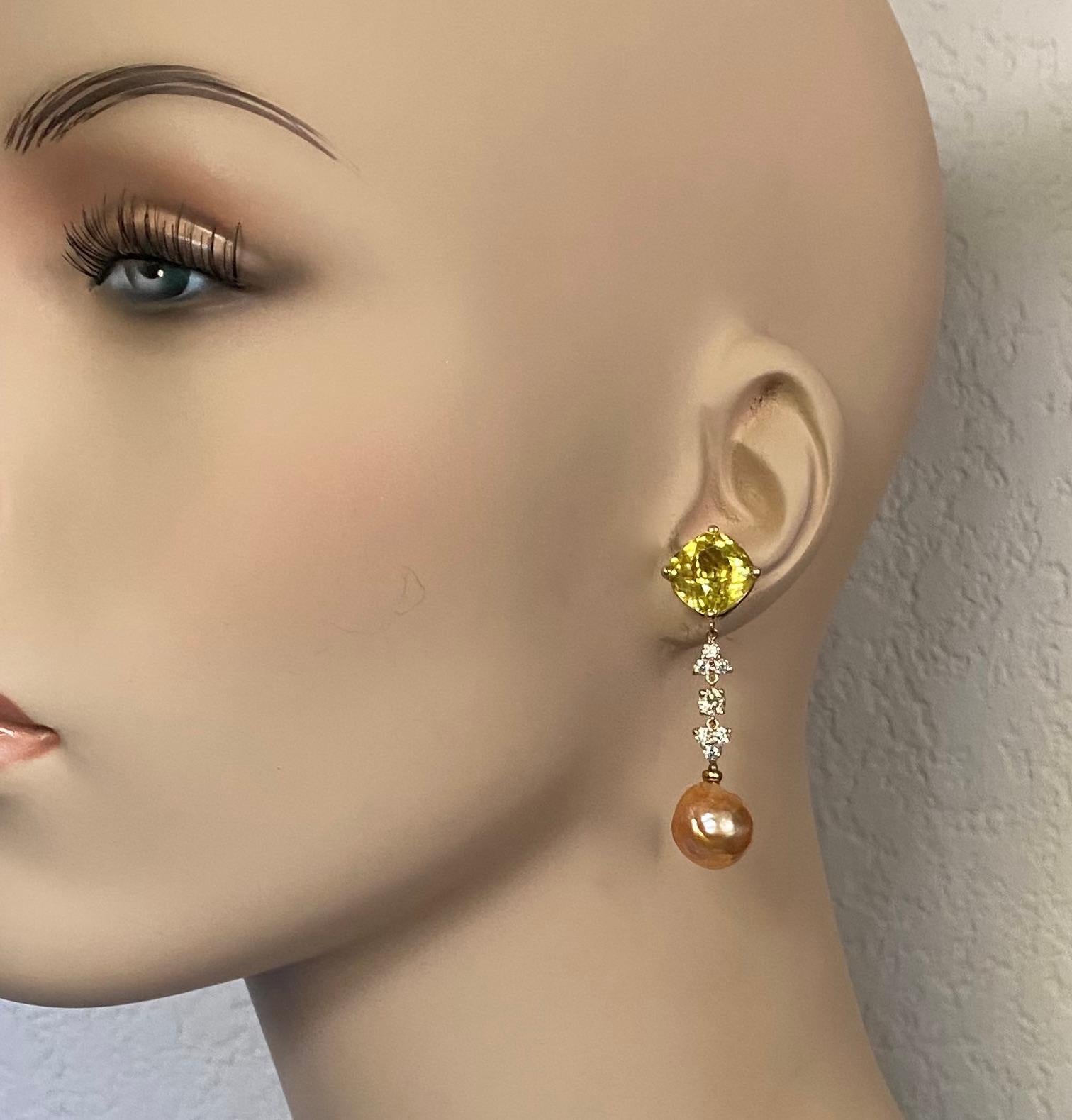 Contemporary Michael Kneebone Golden Beryl Diamond Diamond Kasumi Pearl Dangle Earrings For Sale