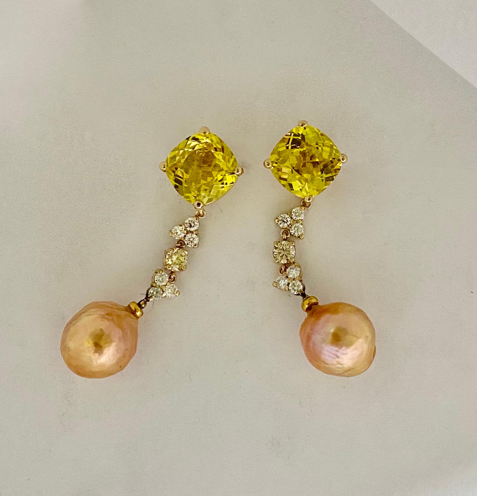 Mixed Cut Michael Kneebone Golden Beryl Diamond Diamond Kasumi Pearl Dangle Earrings For Sale