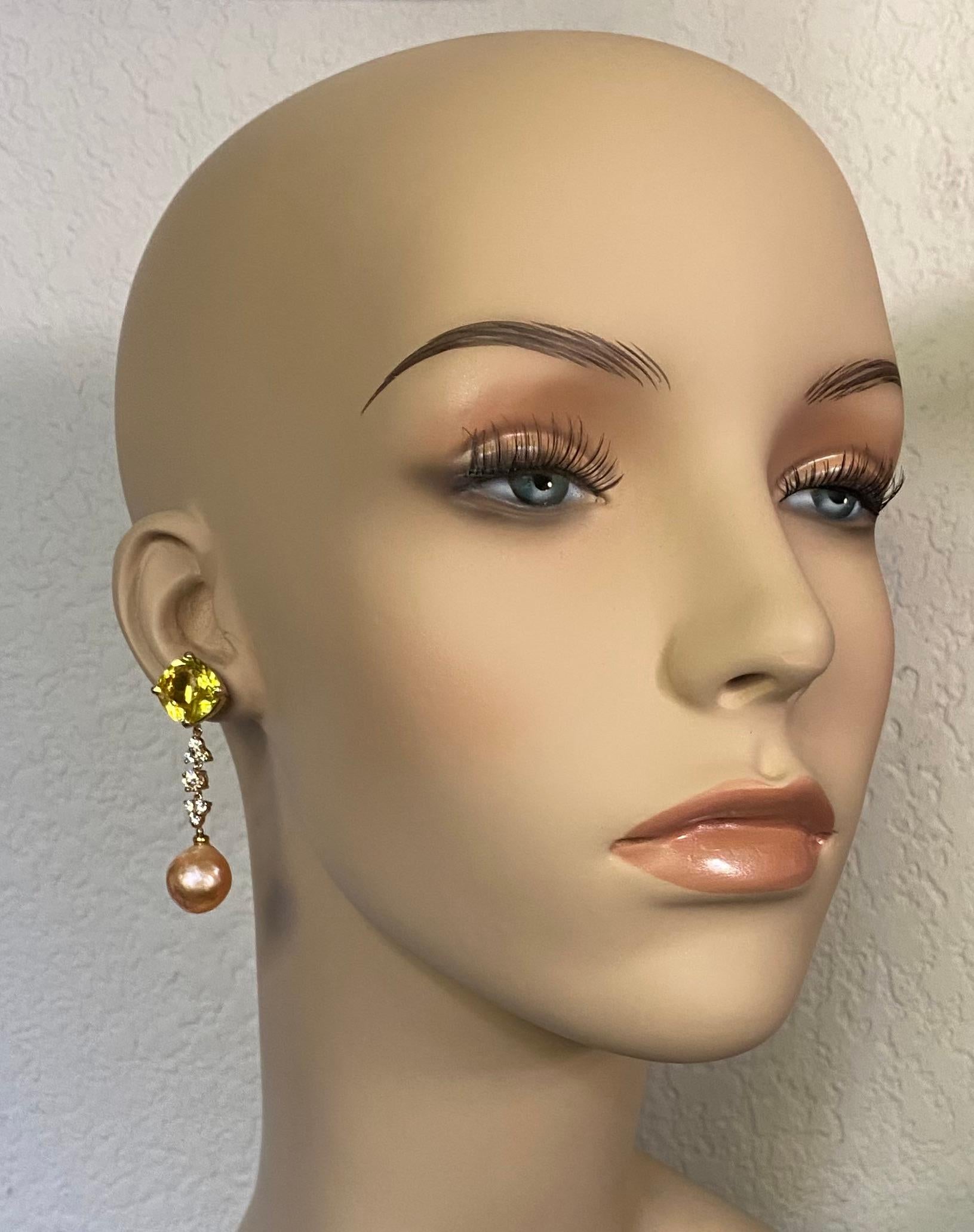 Michael Kneebone Golden Beryl Diamond Diamond Kasumi Pearl Dangle Earrings For Sale 1