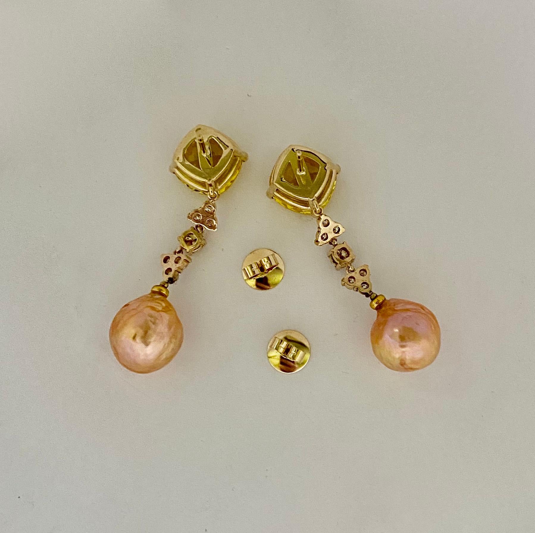 Michael Kneebone Golden Beryl Diamond Diamond Kasumi Pearl Dangle Earrings For Sale 2