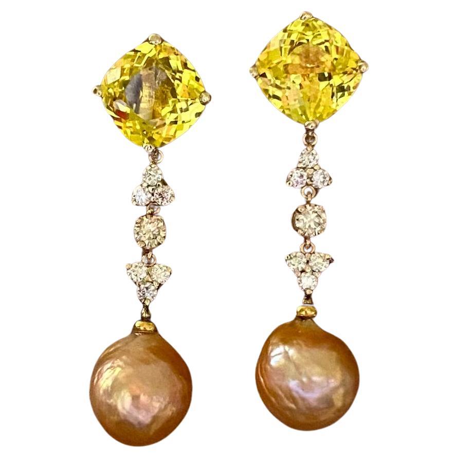 Michael Kneebone Golden Beryl Diamond Diamond Kasumi Pearl Dangle Earrings