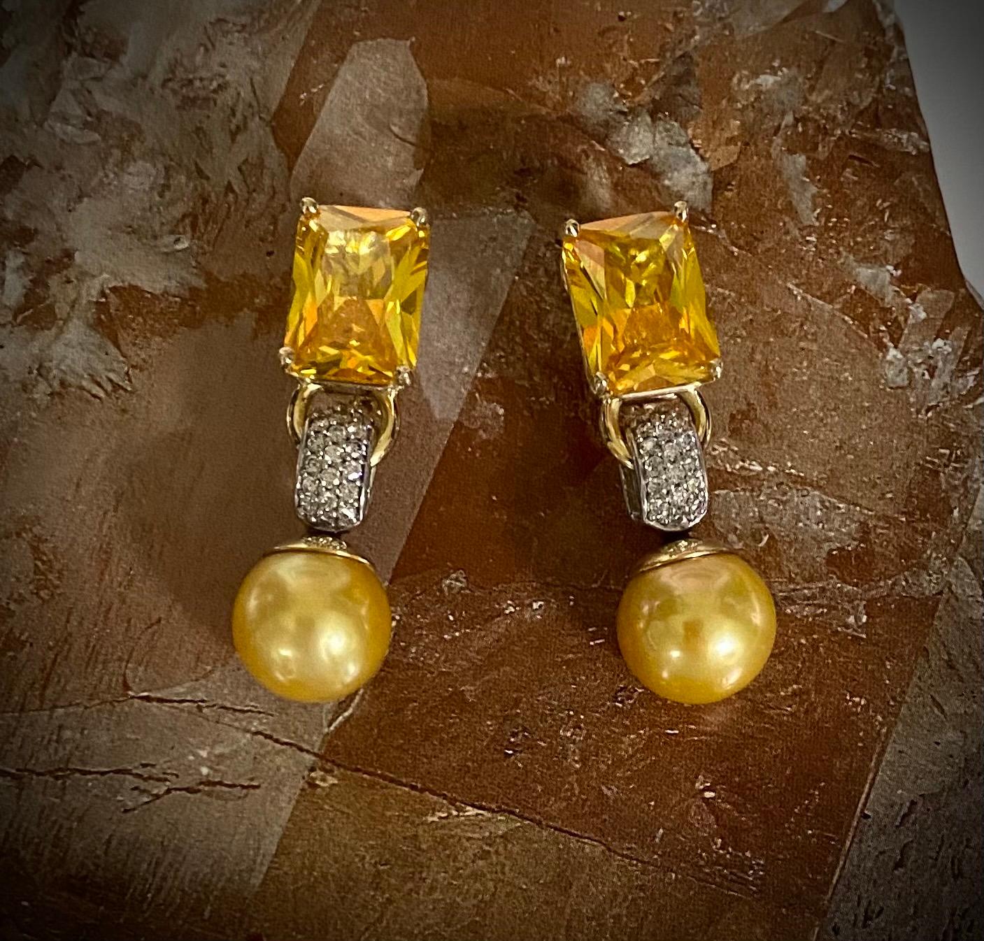 Contemporary Michael Kneebone Golden Beryl Diamond Golden South Seas Pearl Dangle Earrings