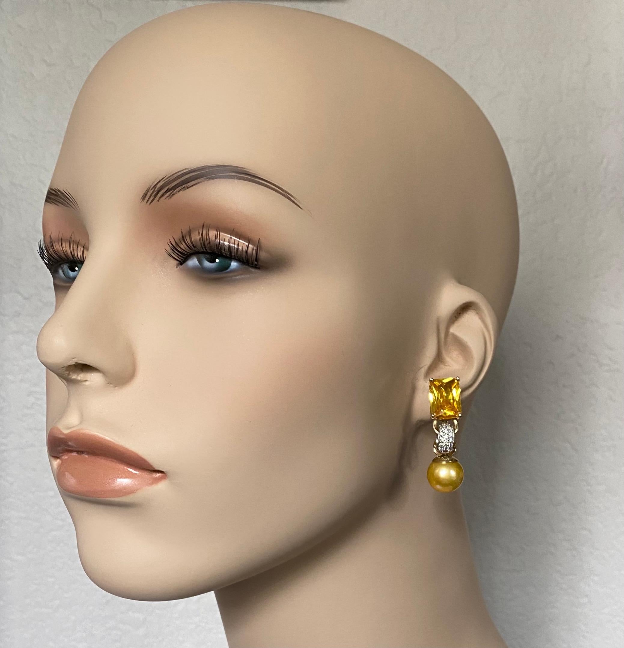 Mixed Cut Michael Kneebone Golden Beryl Diamond Golden South Seas Pearl Dangle Earrings