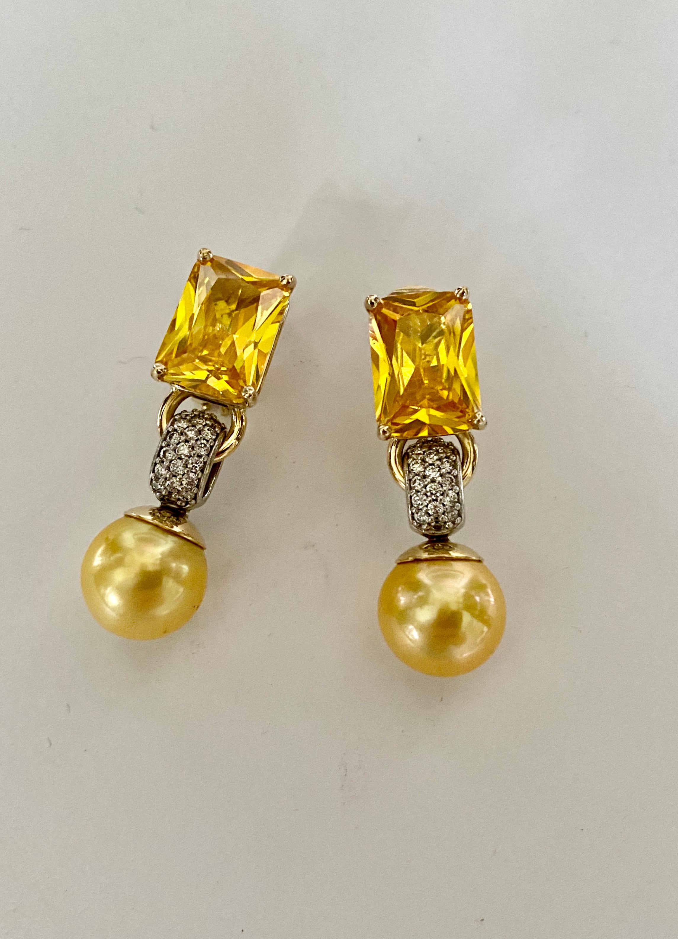Michael Kneebone Golden Beryl Diamond Golden South Seas Pearl Dangle Earrings In New Condition In Austin, TX