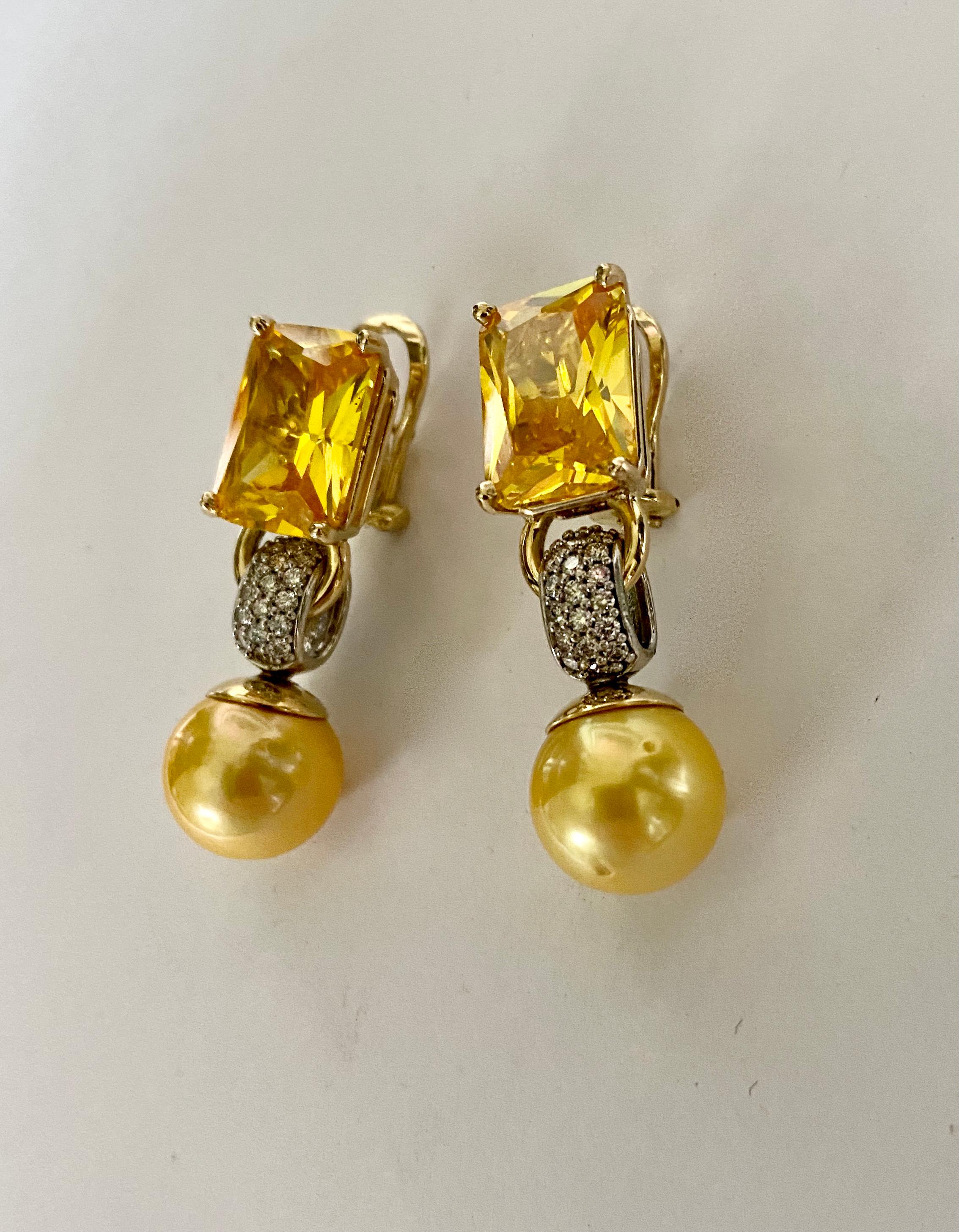 Michael Kneebone Golden Beryl Diamond Golden South Seas Pearl Dangle Earrings 1