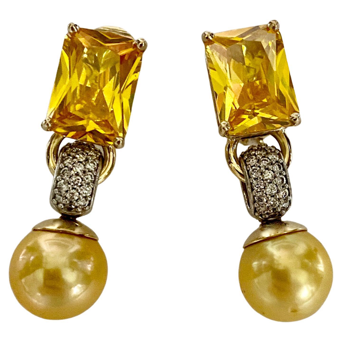 Michael Kneebone Golden Beryl Diamond Golden South Seas Pearl Dangle Earrings