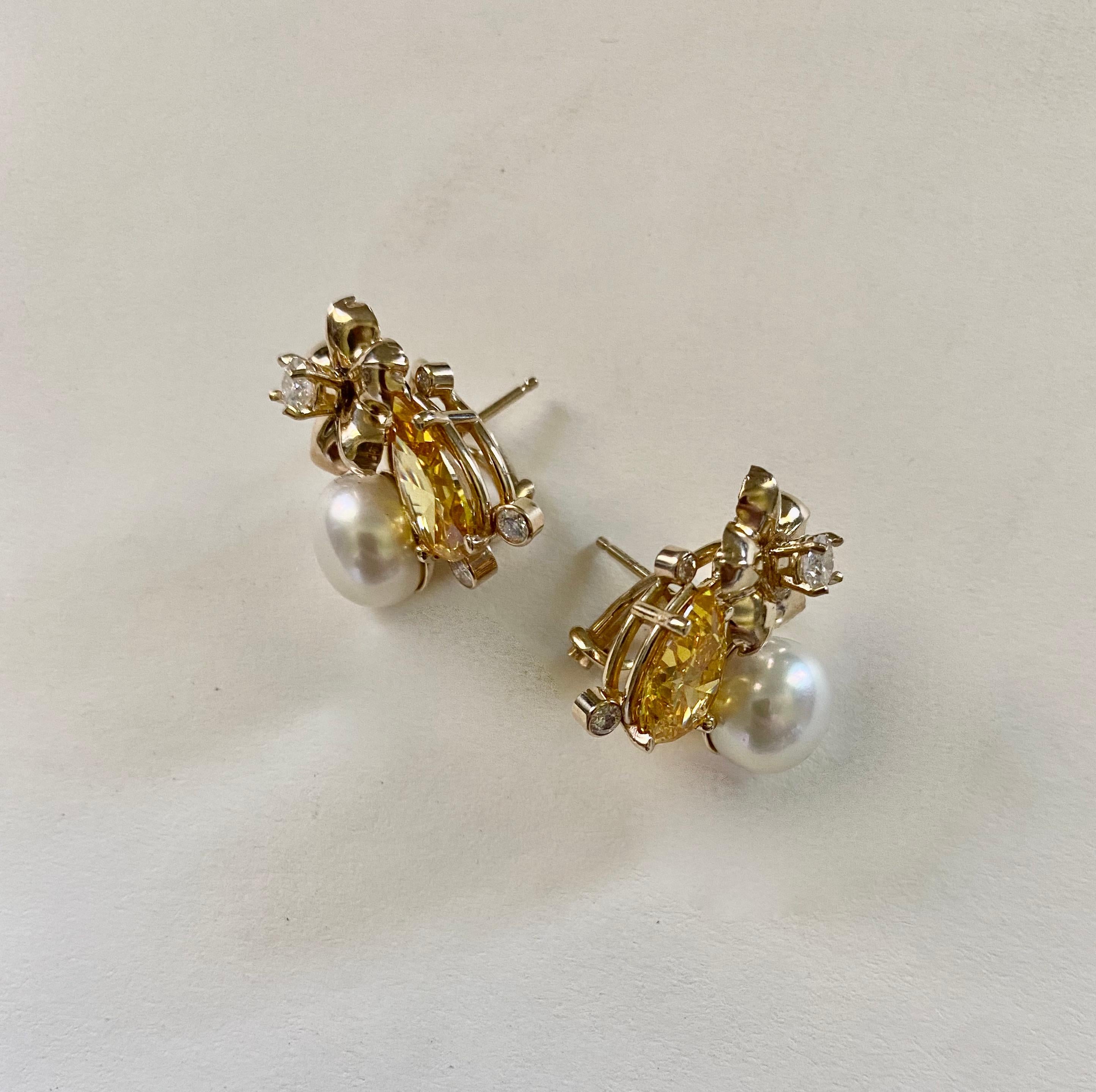 Michael Kneebone Golden Beryl Pearl Diamond Flower Cluster earrings For Sale 3