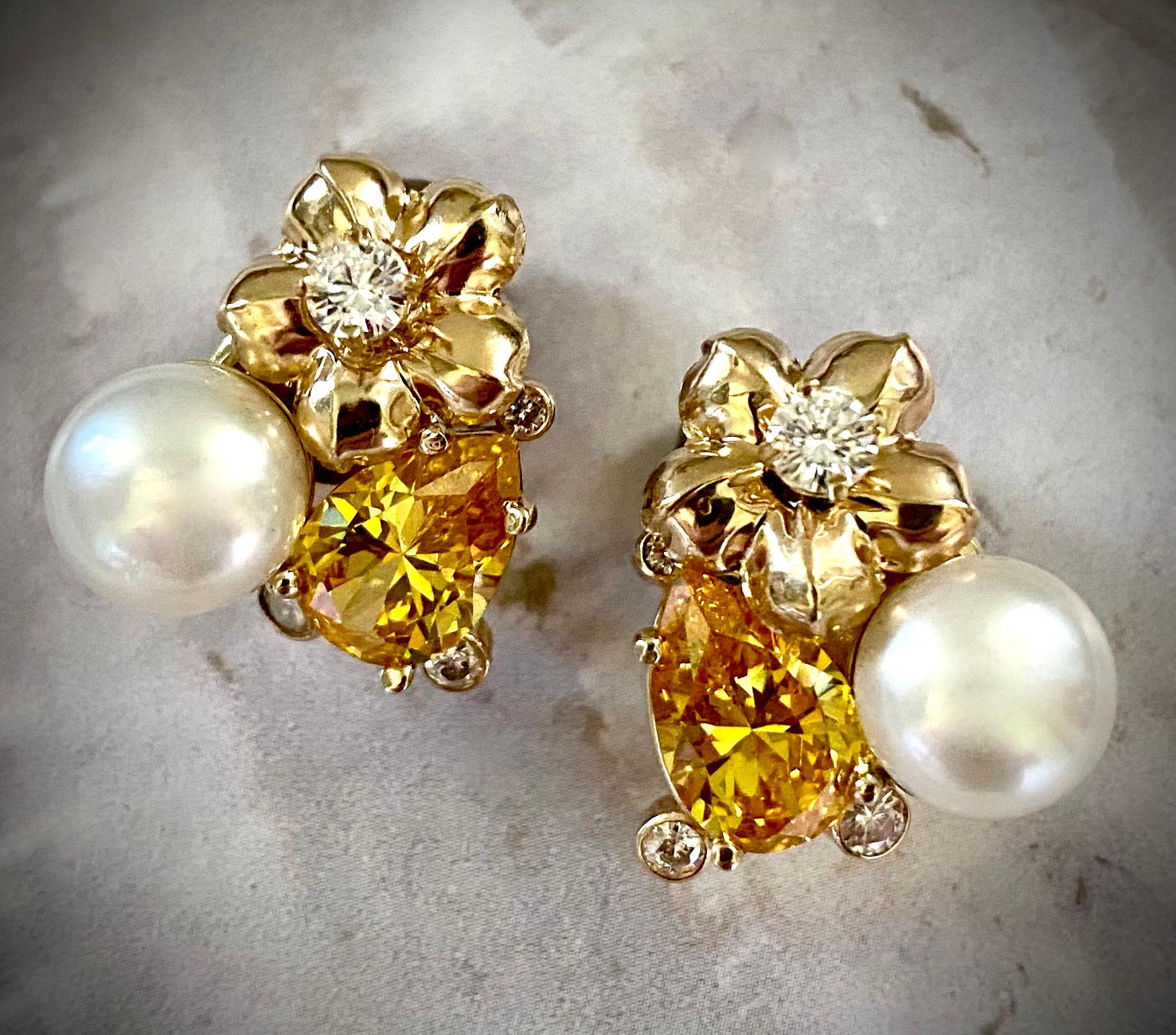 Michael Kneebone Golden Beryl Pearl Diamond Flower Cluster earrings In New Condition For Sale In Austin, TX