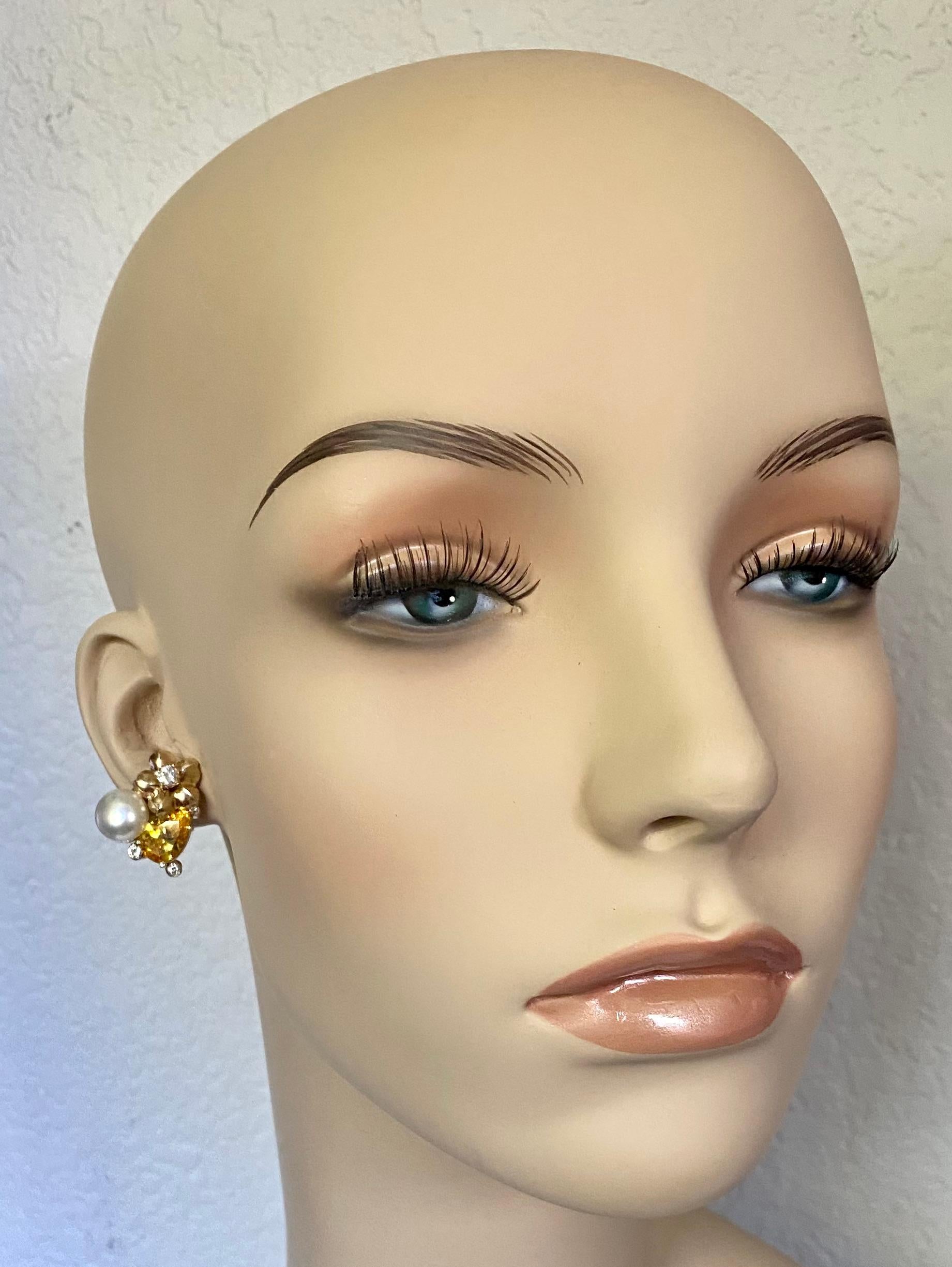 Women's Michael Kneebone Golden Beryl Pearl Diamond Flower Cluster earrings For Sale