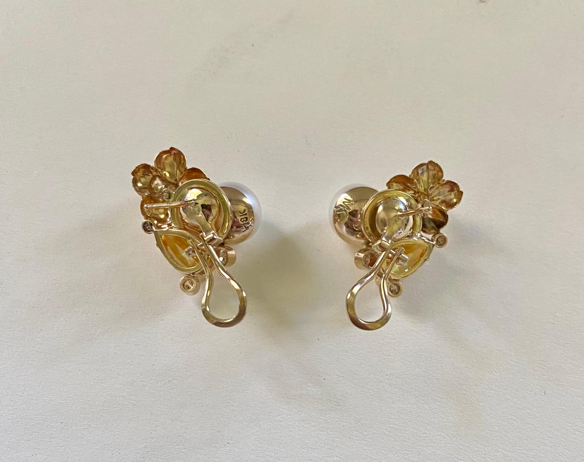 Michael Kneebone Golden Beryl Pearl Diamond Flower Cluster earrings For Sale 1