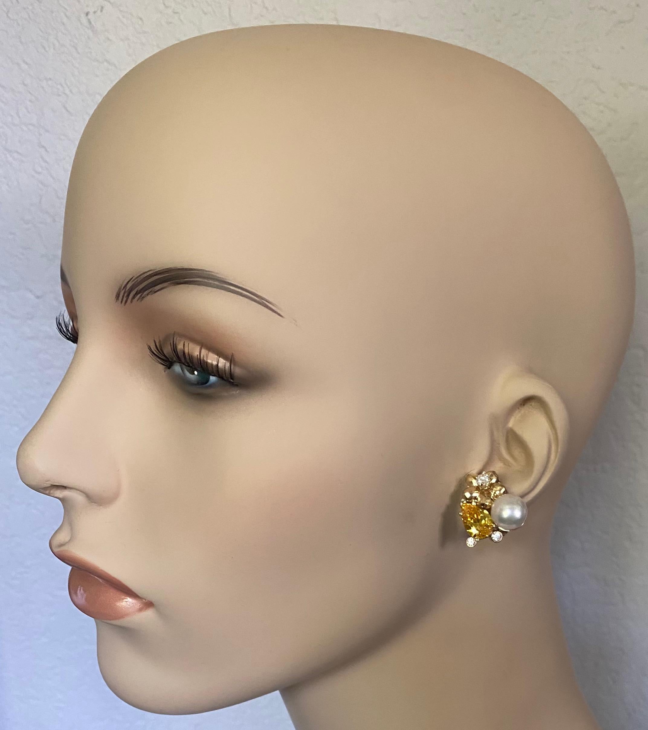 Michael Kneebone Golden Beryl Pearl Diamond Flower Cluster earrings For Sale 2