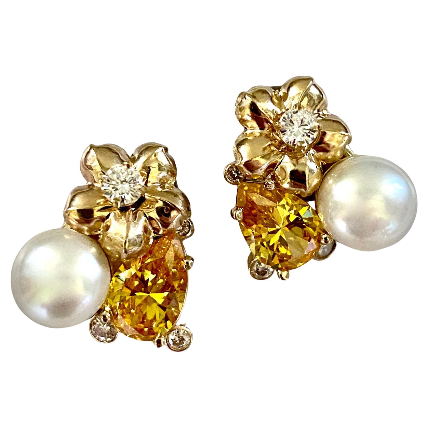 Michael Kneebone Golden Beryl Pearl Diamond Flower Cluster earrings
