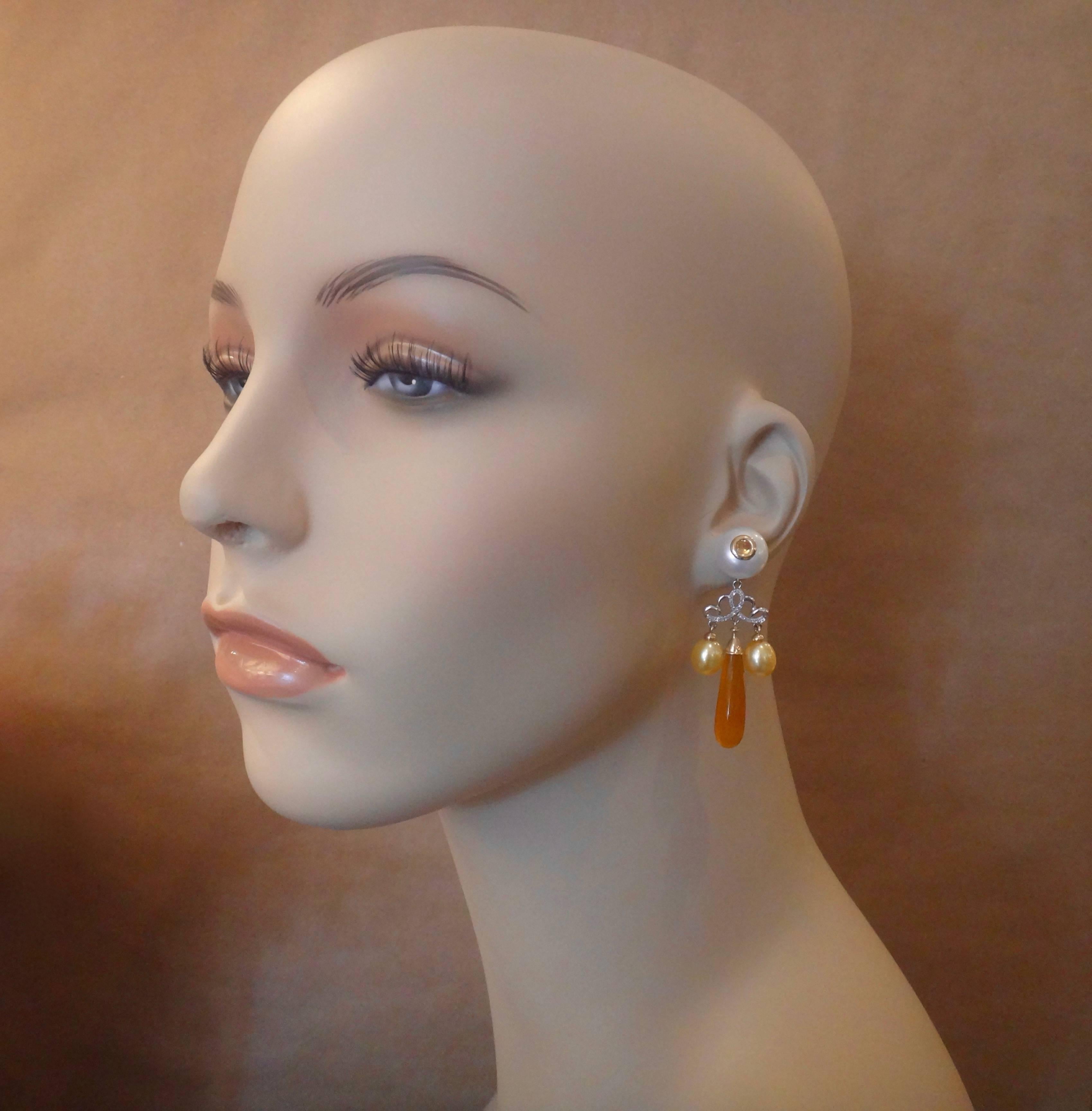 Briolette Cut Michael Kneebone Golden Chalcedony Yellow Sapphire Pearl Diamond Dangle Earrings For Sale