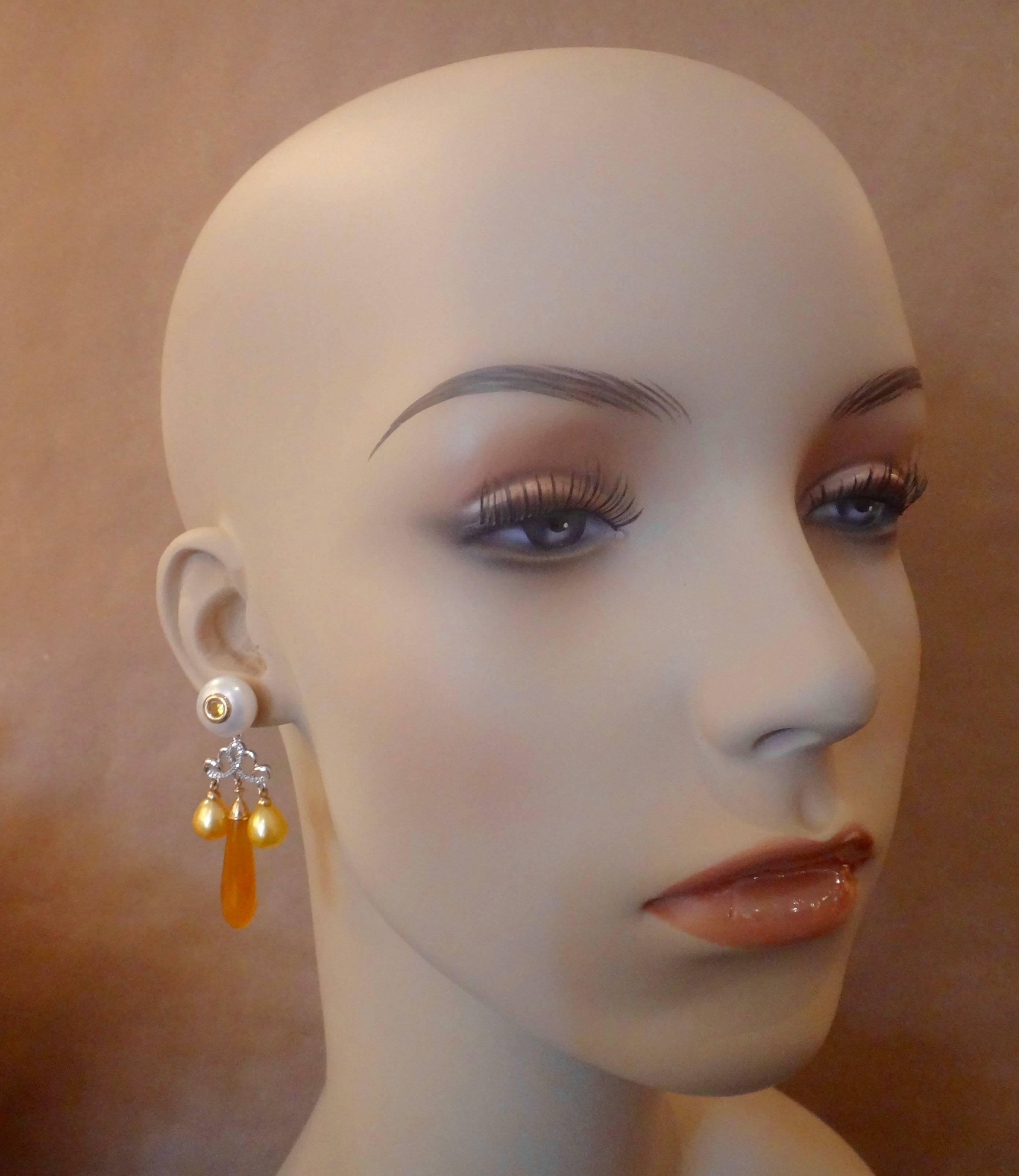 Michael Kneebone Golden Chalcedony Yellow Sapphire Pearl Diamond Dangle Earrings In Excellent Condition For Sale In Austin, TX