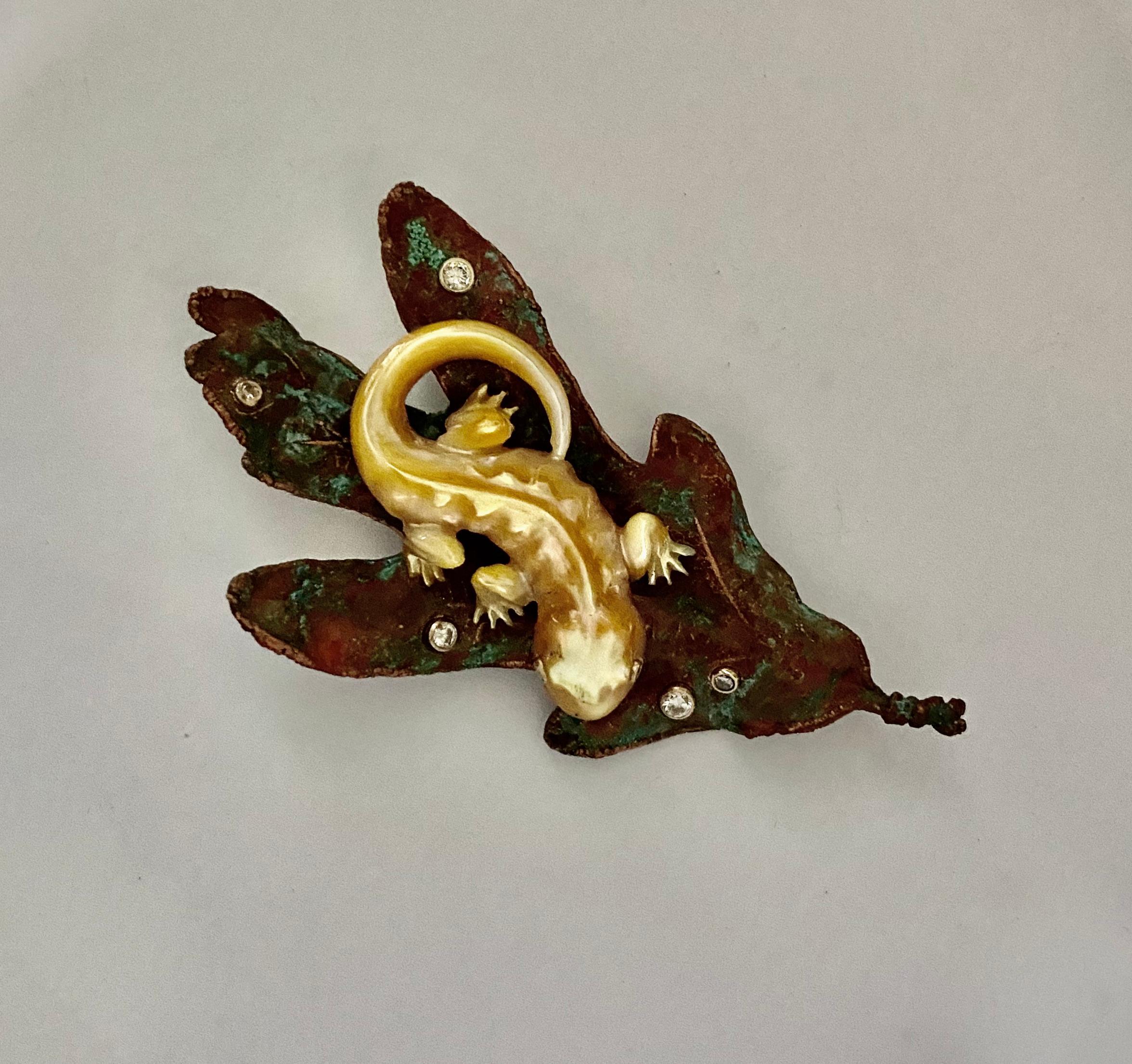 Contemporary Michael Kneebone Golden Mother-of-Pearl Salamander Copper Oak Leaf Brooch For Sale