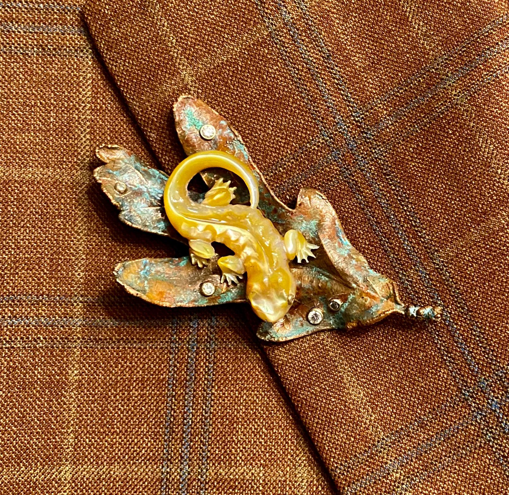 Brilliant Cut Michael Kneebone Golden Mother-of-Pearl Salamander Copper Oak Leaf Brooch For Sale