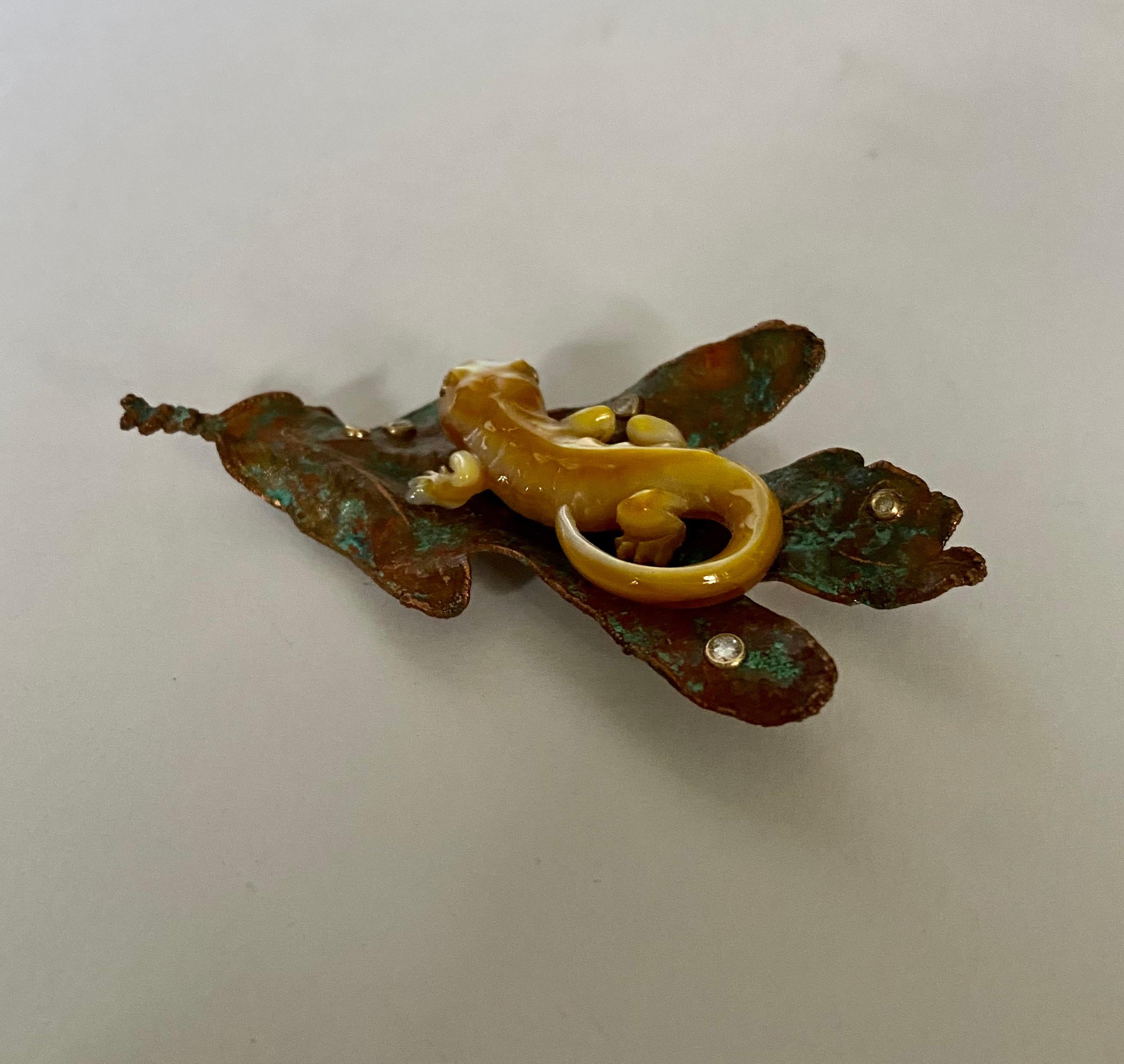 Michael Kneebone Golden Mother-of-Pearl Salamander Copper Oak Leaf Brooch In New Condition For Sale In Austin, TX