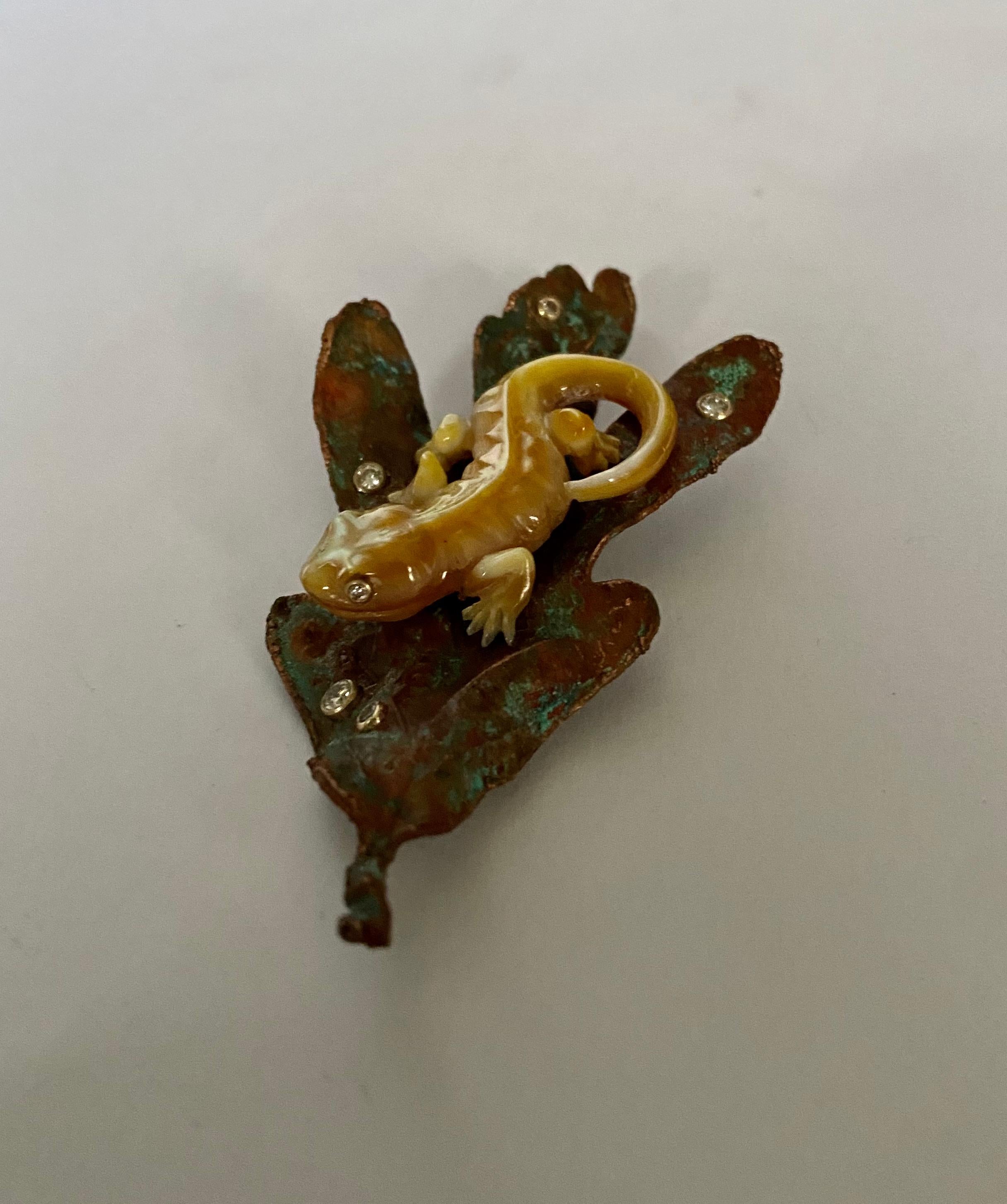 Michael Kneebone Golden Mother-of-Pearl Salamander Copper Oak Leaf Brooch For Sale 1
