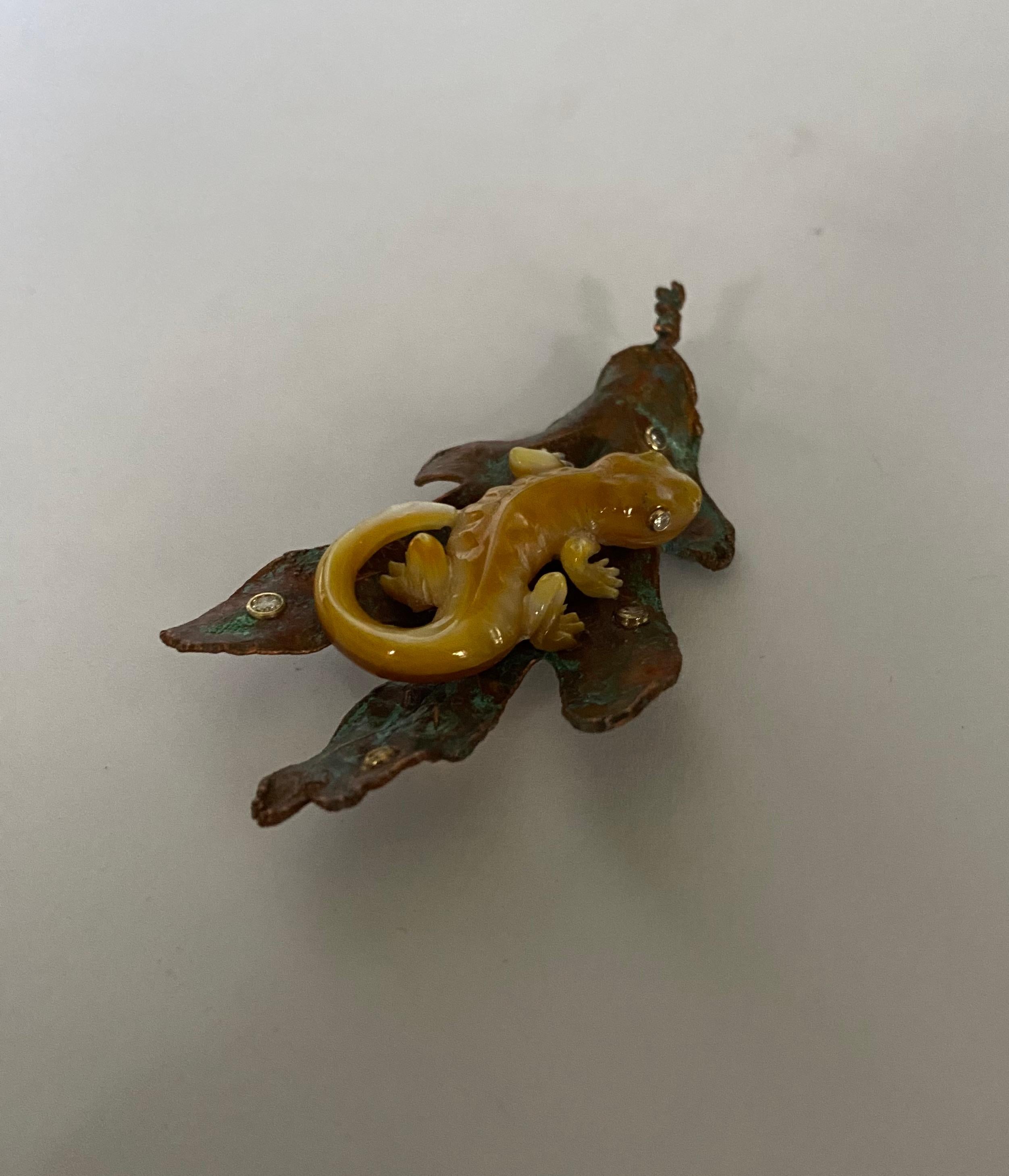 Michael Kneebone Golden Mother-of-Pearl Salamander Copper Oak Leaf Brooch For Sale 3