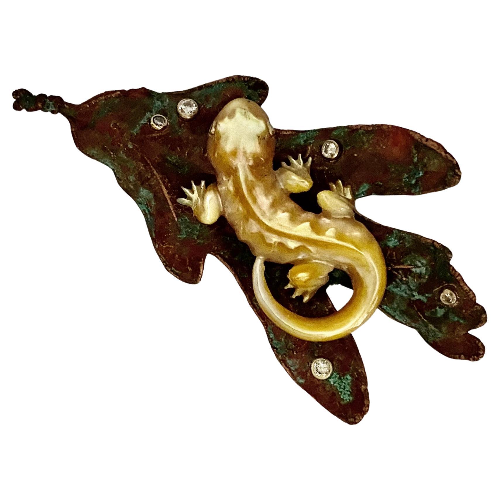 Michael Kneebone Golden Mother-of-Pearl Salamander Copper Oak Leaf Brooch For Sale