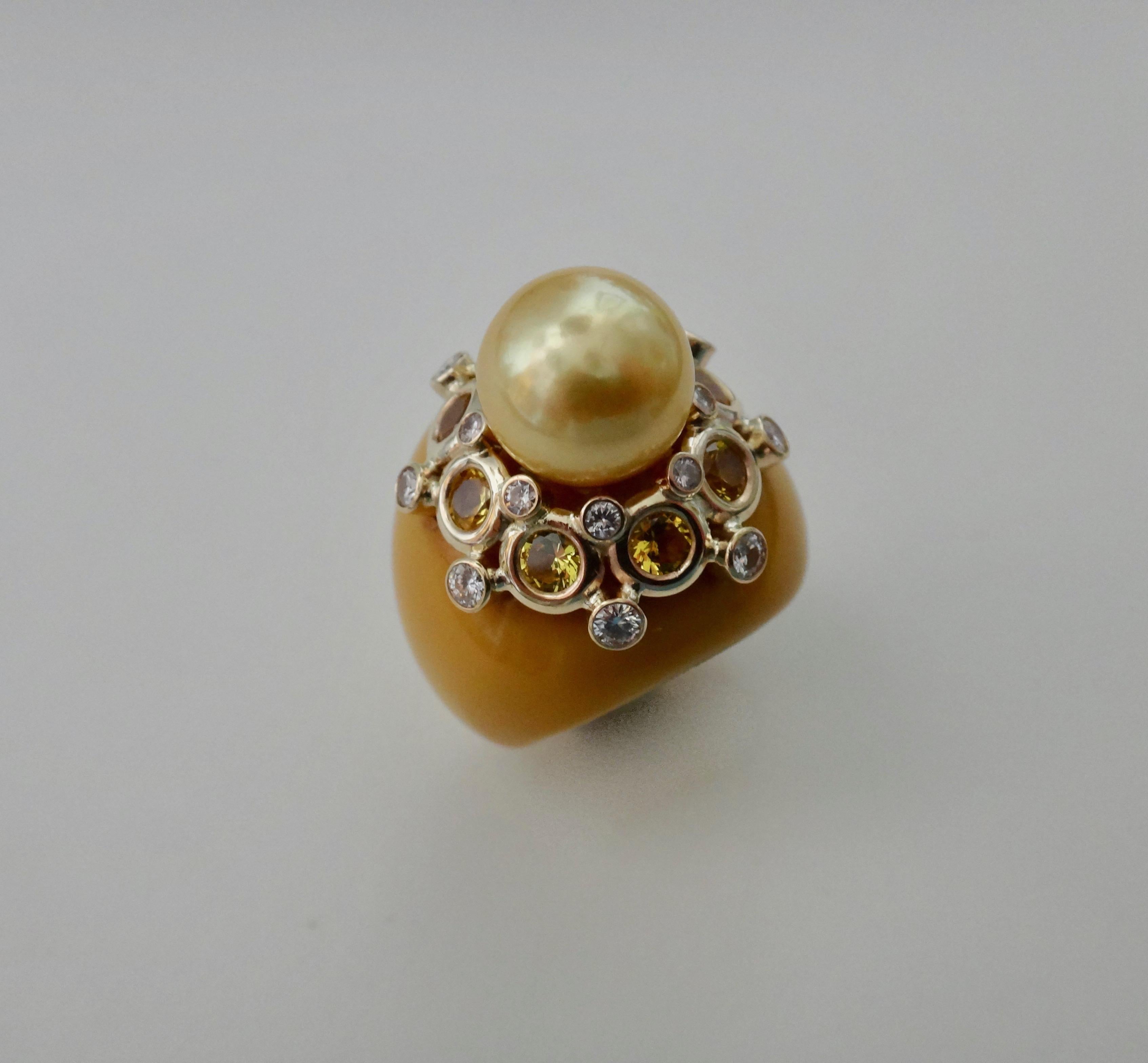 Contemporary Michael Kneebone Golden South Seas Pearl Sapphire Diamond Bakelite Cocktail Ring For Sale