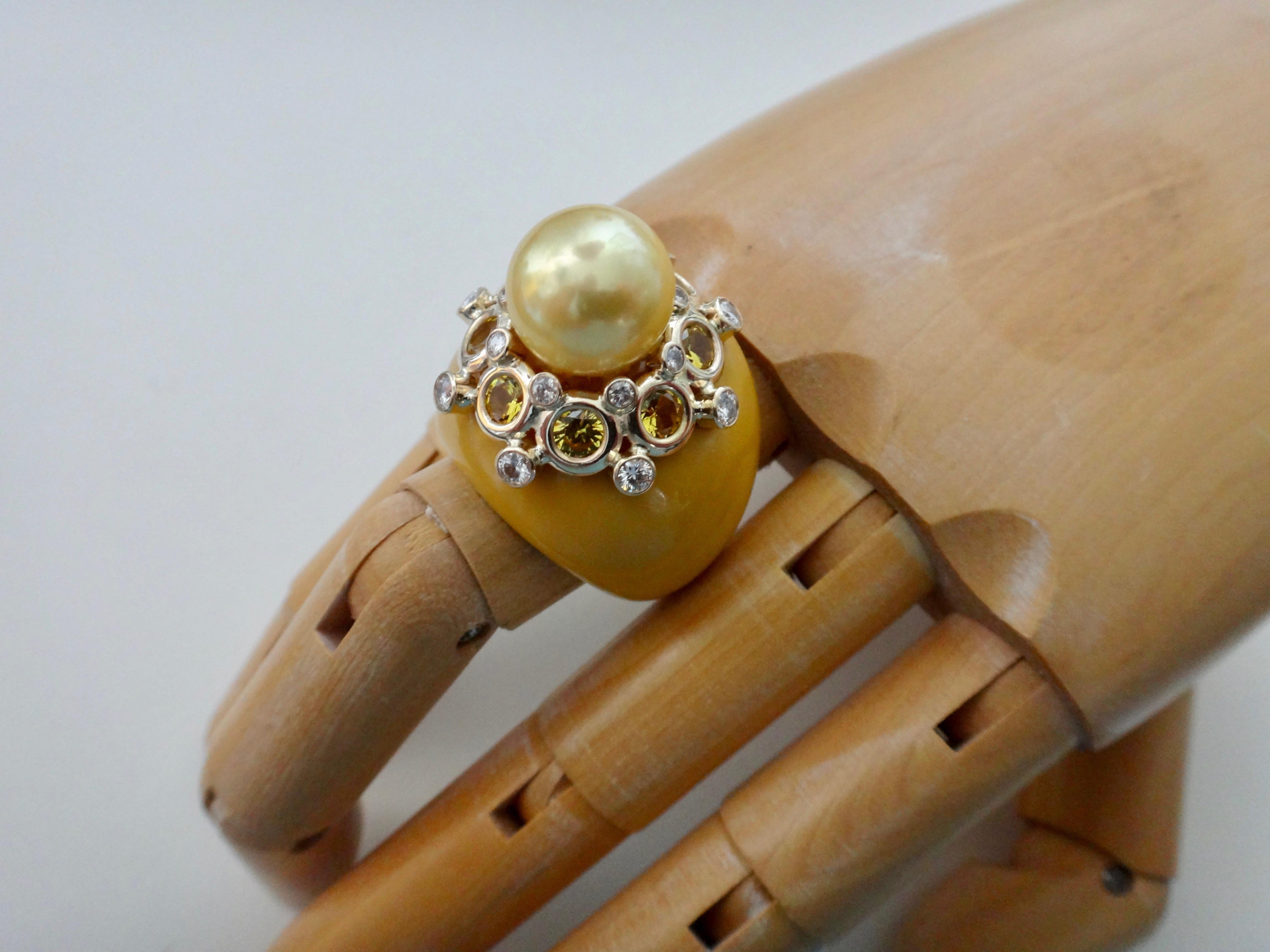 Women's Michael Kneebone Golden South Seas Pearl Sapphire Diamond Bakelite Cocktail Ring For Sale