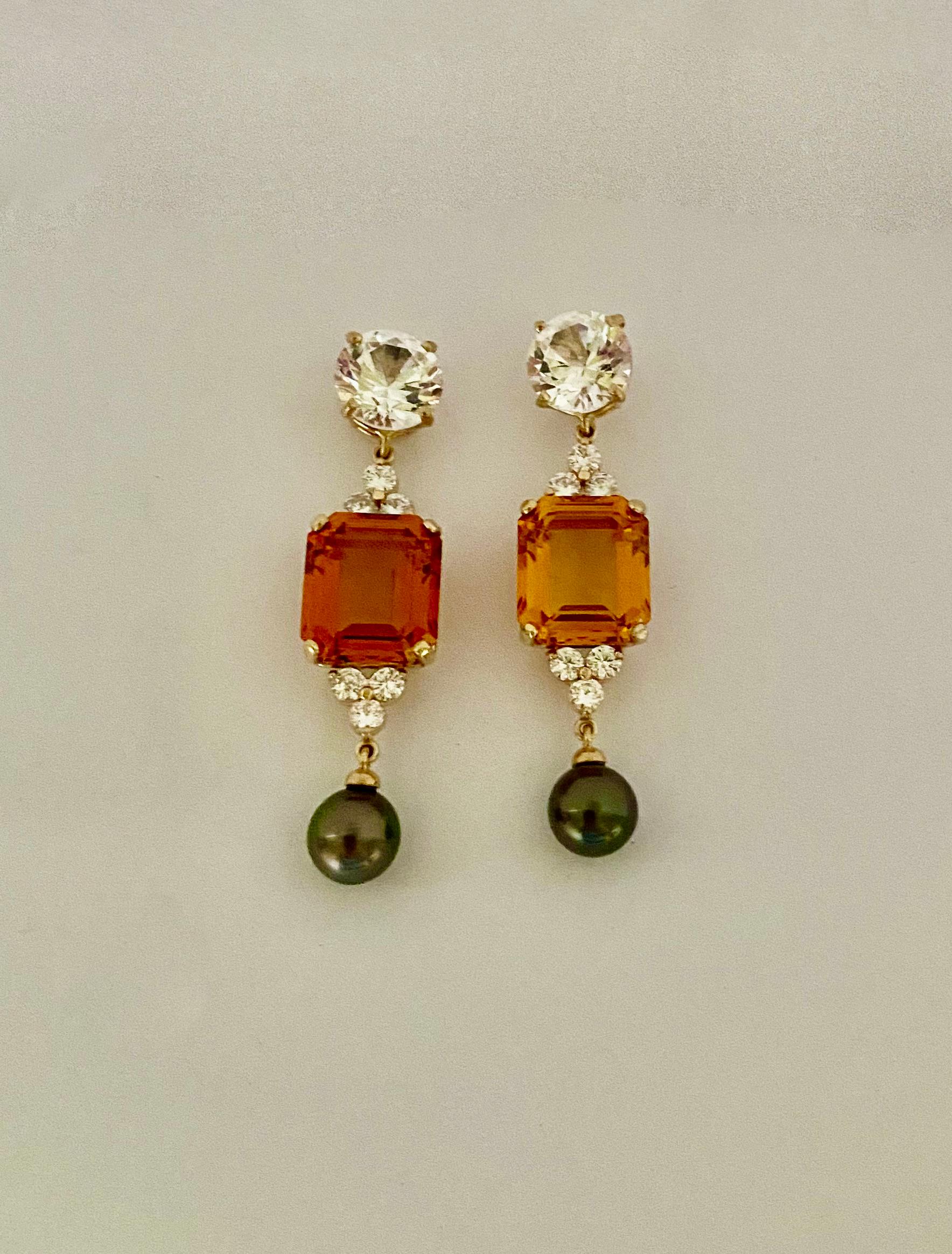 Contemporary Michael Kneebone Golden Topaz Tahitian Pearl Sapphire Diamond Dangle Earrings For Sale