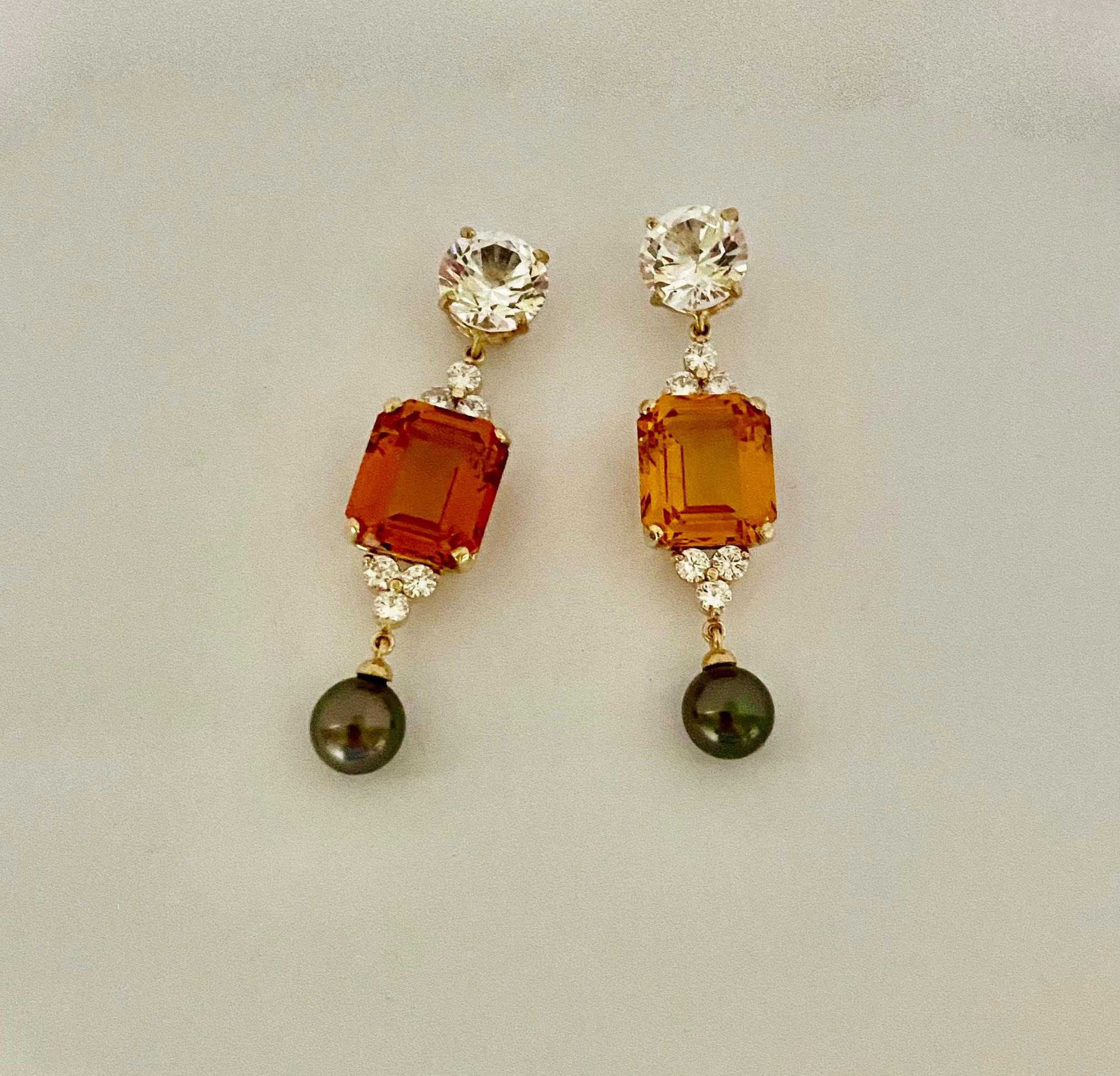 Michael Kneebone Golden Topaz Tahitian Pearl Sapphire Diamond Dangle Earrings In New Condition For Sale In Austin, TX