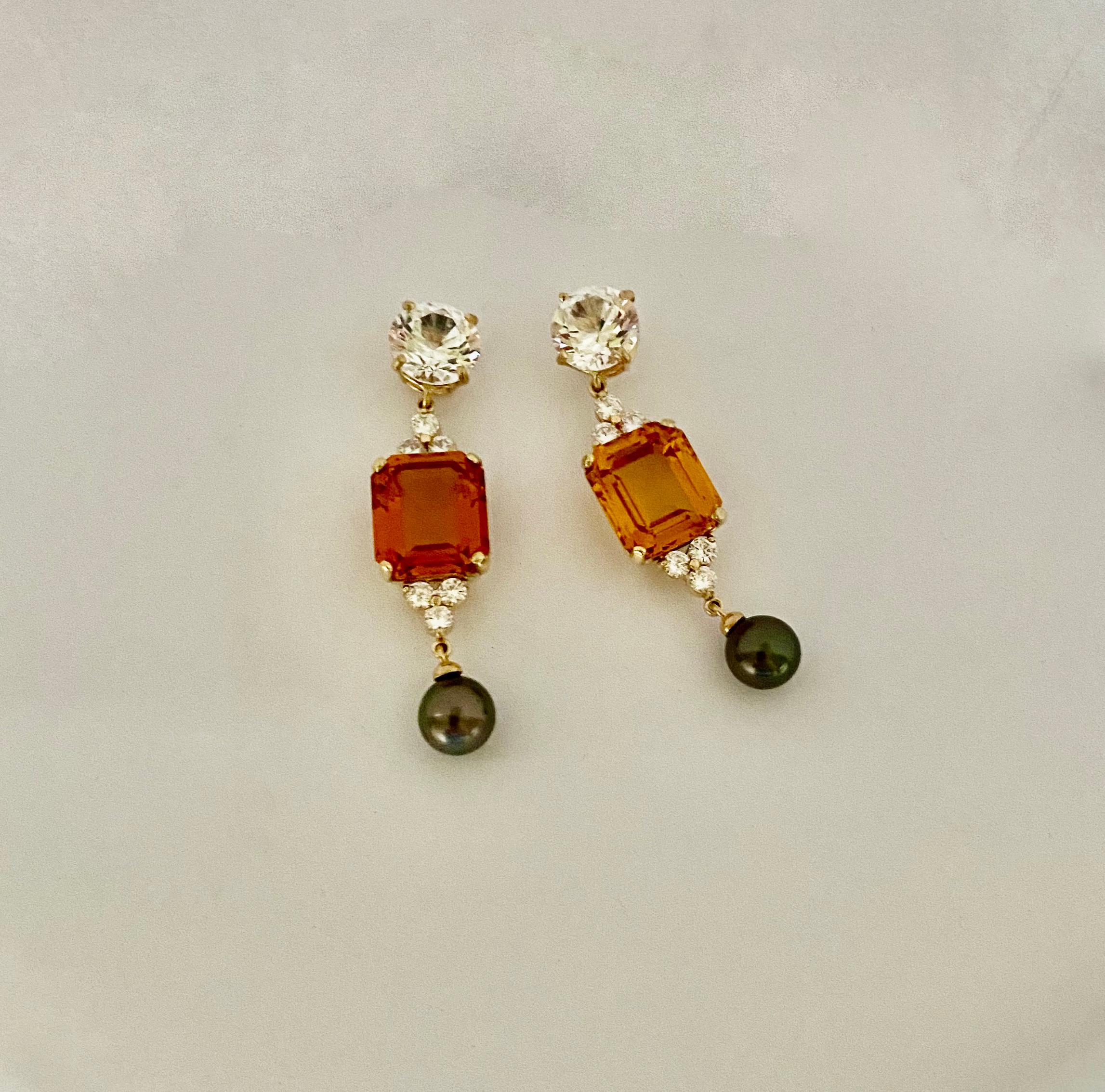 Michael Kneebone Golden Topaz Tahitian Pearl Sapphire Diamond Dangle Earrings For Sale 1
