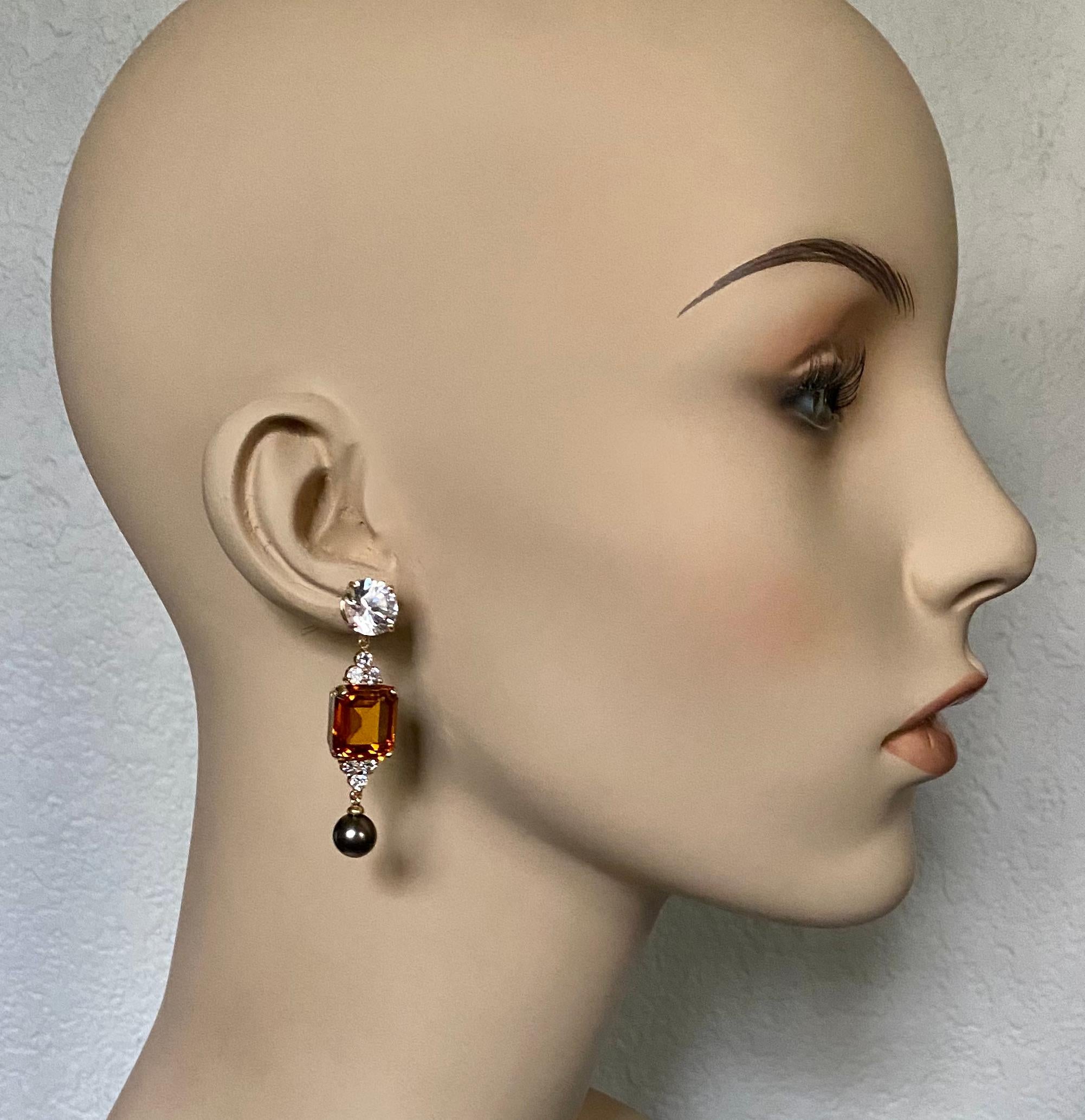 Michael Kneebone Golden Topaz Tahitian Pearl Sapphire Diamond Dangle Earrings For Sale 2