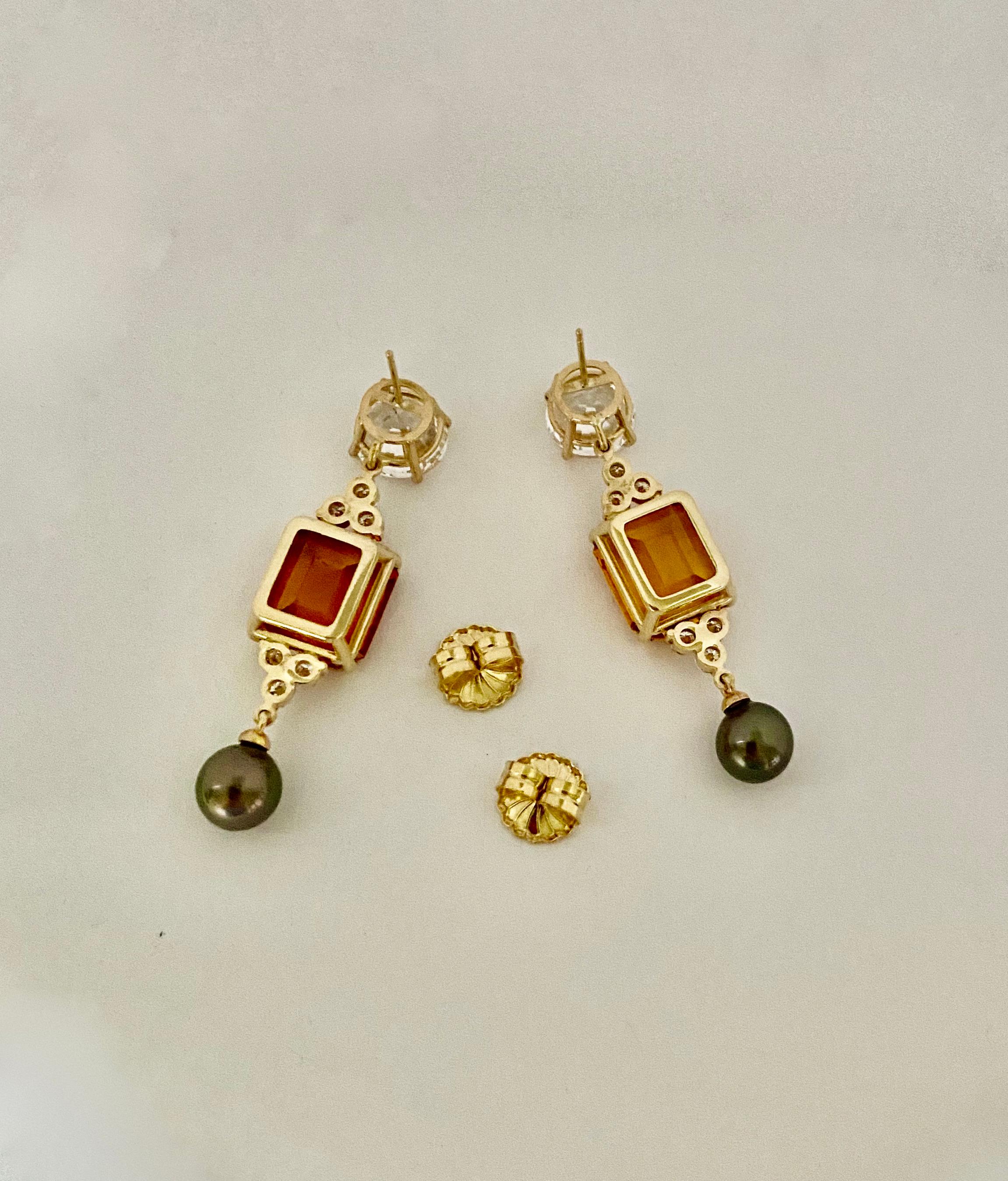 Michael Kneebone Golden Topaz Tahitian Pearl Sapphire Diamond Dangle Earrings For Sale 3