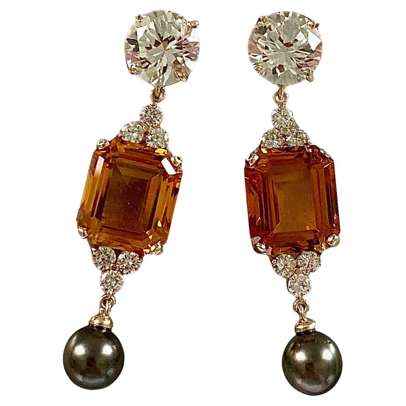 Michael Kneebone Golden Topaz Tahitian Pearl Sapphire Diamond Dangle Earrings