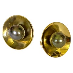 Michael Kneebone Gray Tahitian Pearl 18k Yellow Gold Button Earrings