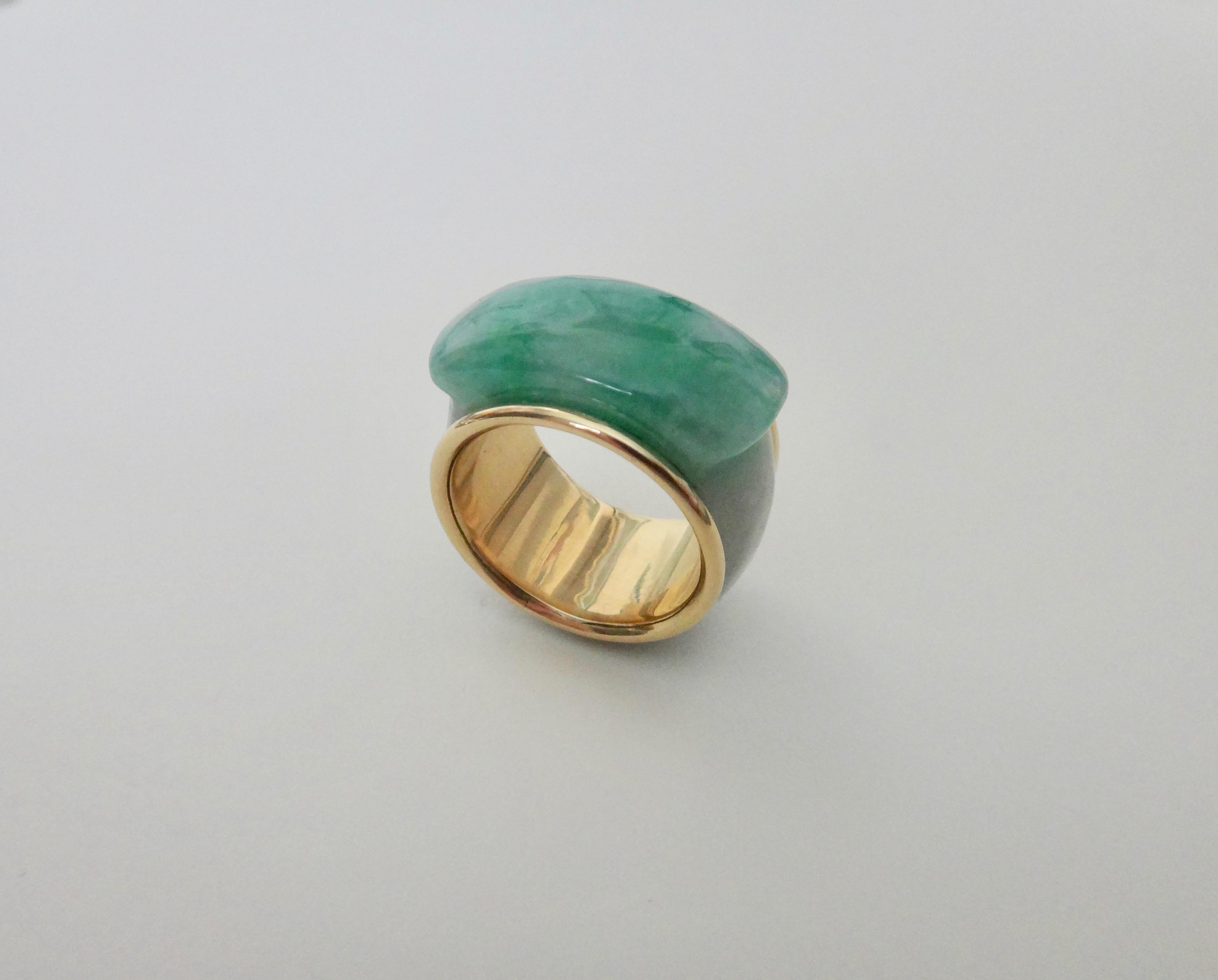 Women's or Men's Michael Kneebone Green Burmese Jadeite 18 Karat Gold Saddle Ring