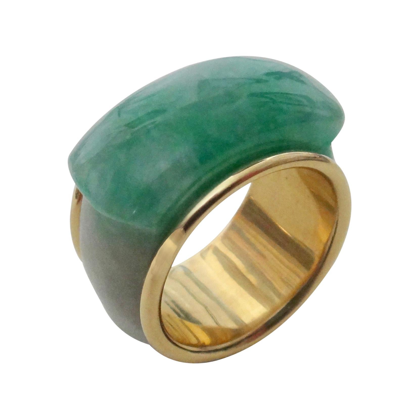 Michael Kneebone Green Burmese Jadeite 18 Karat Gold Saddle Ring