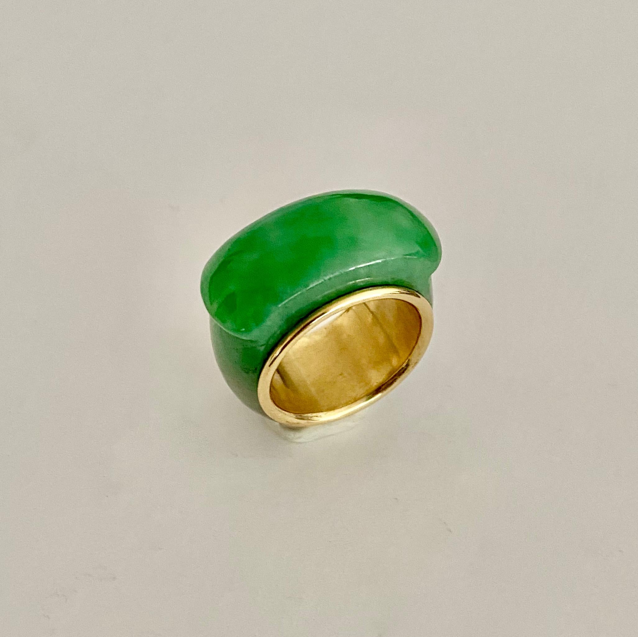 Contemporary Michael Kneebone Green Burmese Jadeite 18k Yellow Gold Saddle Ring