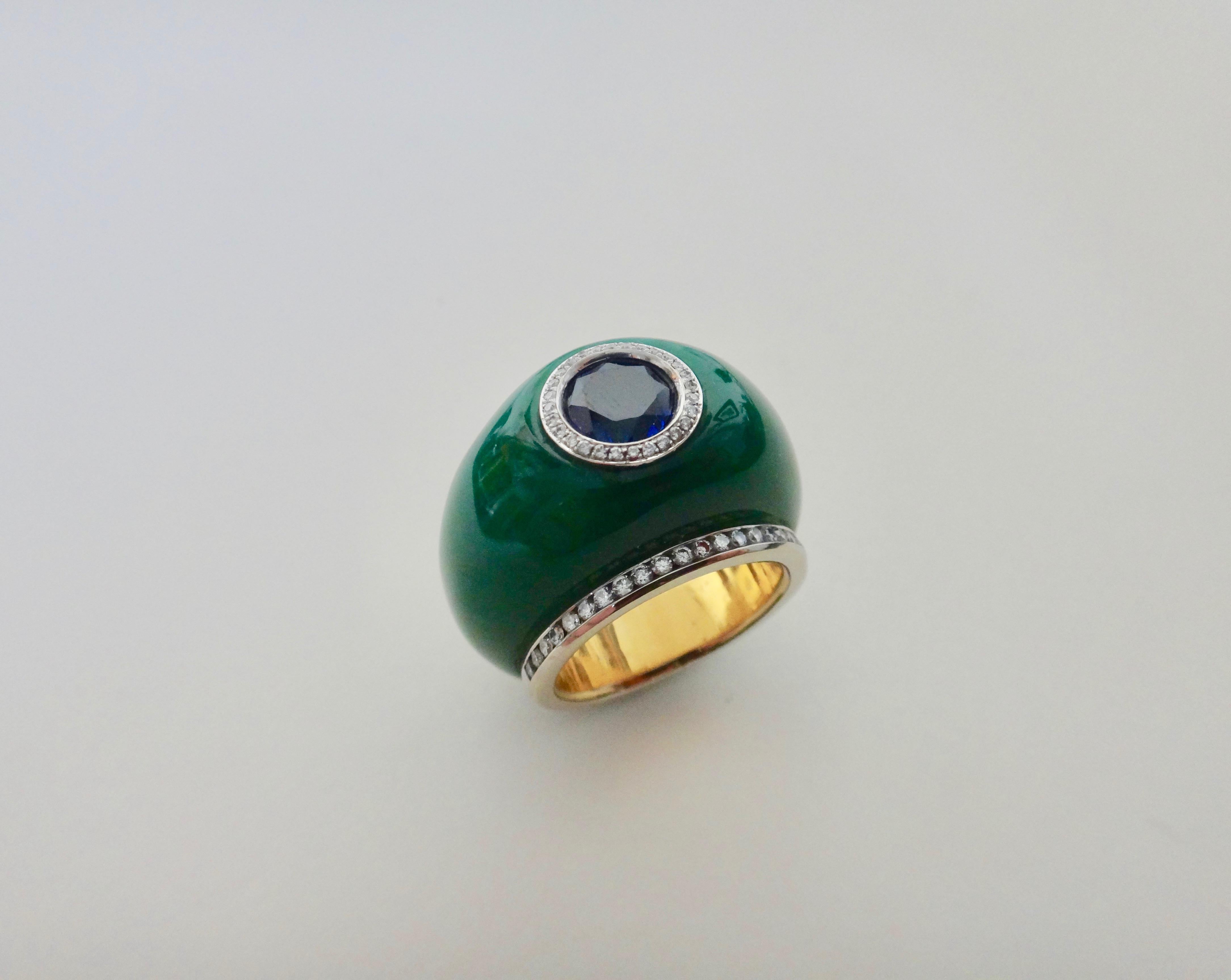 Michael Kneebone Green Jadeite Blue Sapphire Diamond Bombe Ring 5
