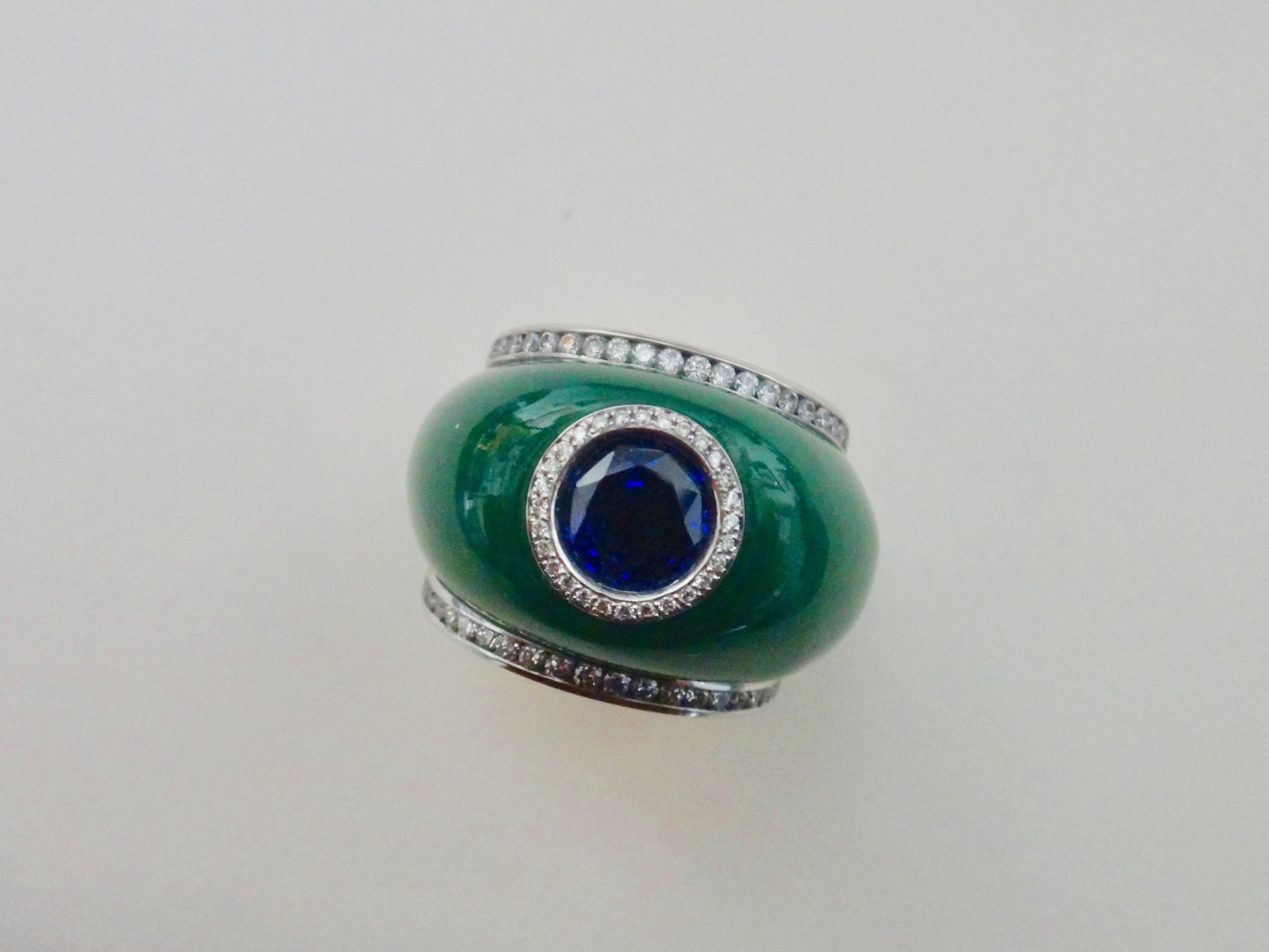 Michael Kneebone Green Jadeite Blue Sapphire Diamond Bombe Ring 6