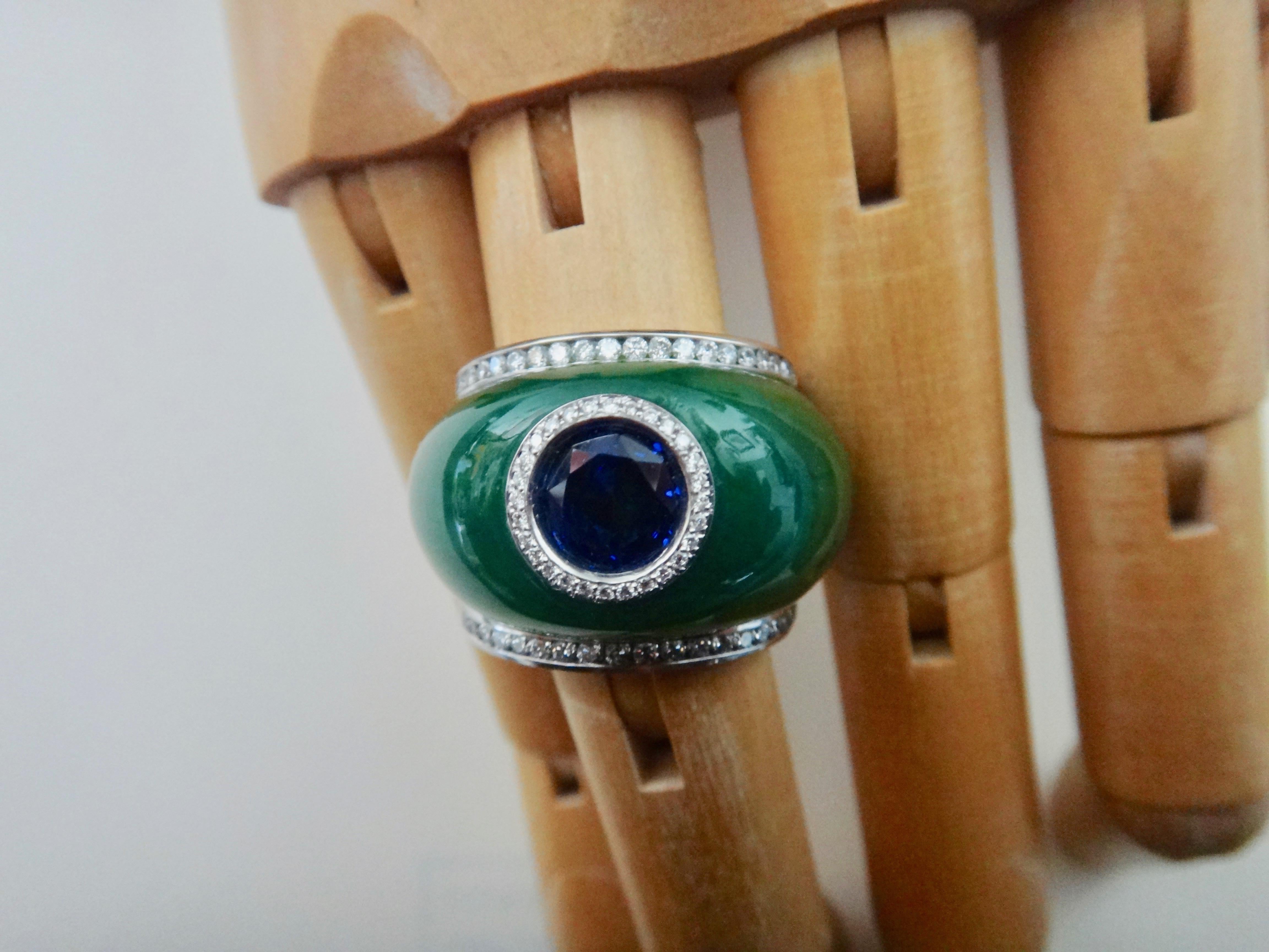 Contemporary Michael Kneebone Green Jadeite Blue Sapphire Diamond Bombe Ring