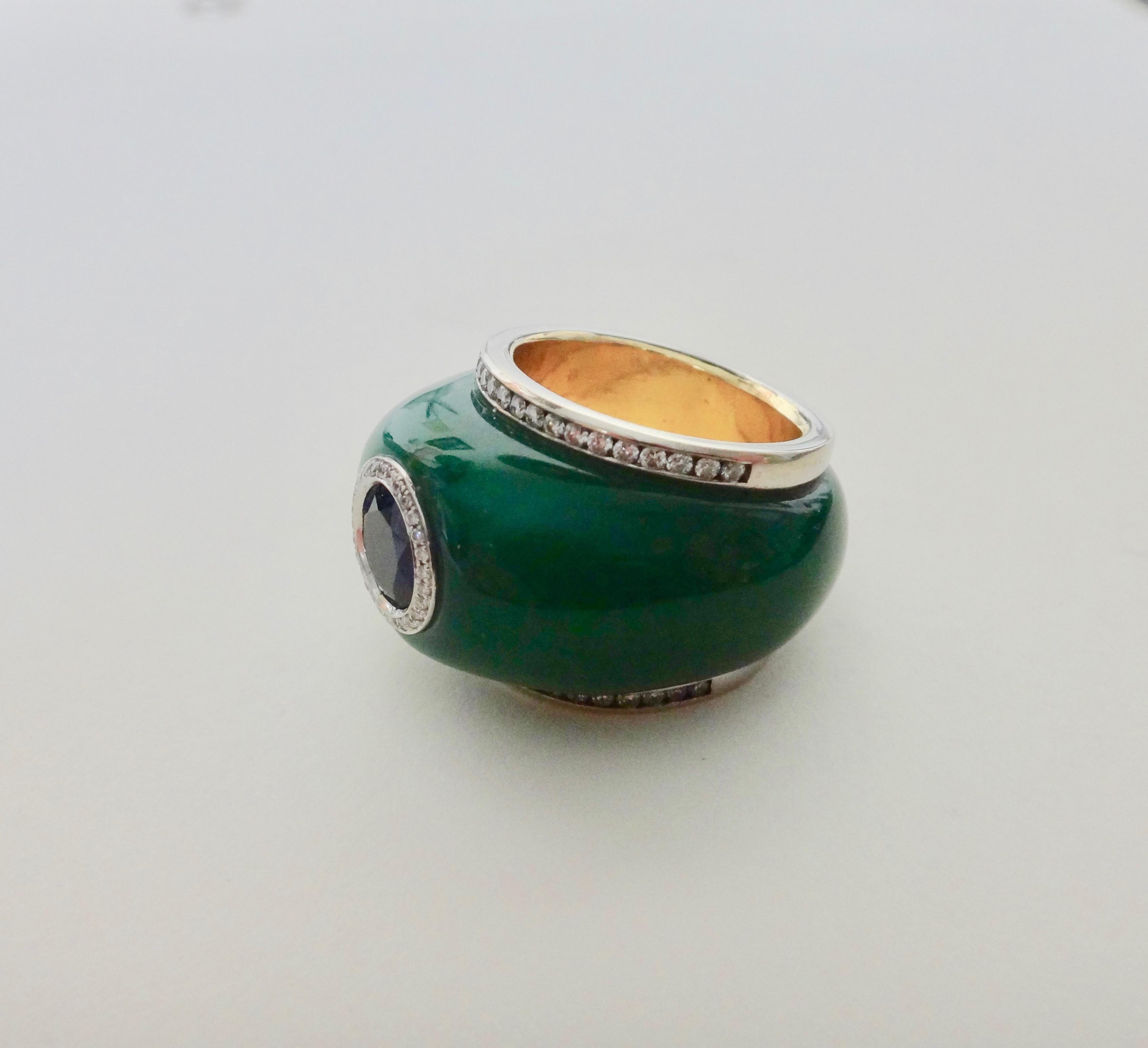 Women's or Men's Michael Kneebone Green Jadeite Blue Sapphire Diamond Bombe Ring