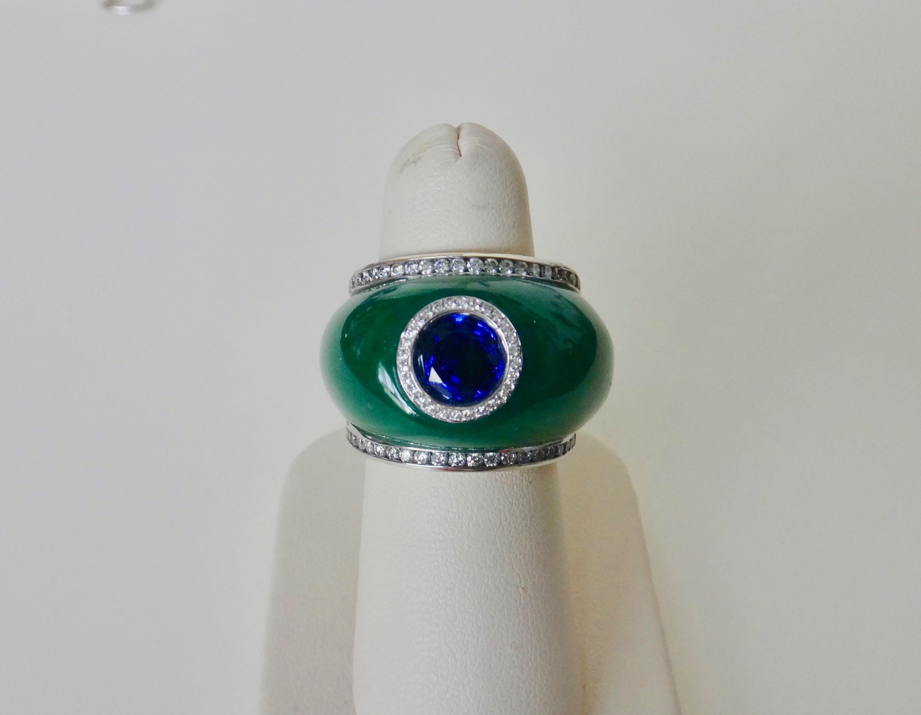 Michael Kneebone Green Jadeite Blue Sapphire Diamond Bombe Ring 3