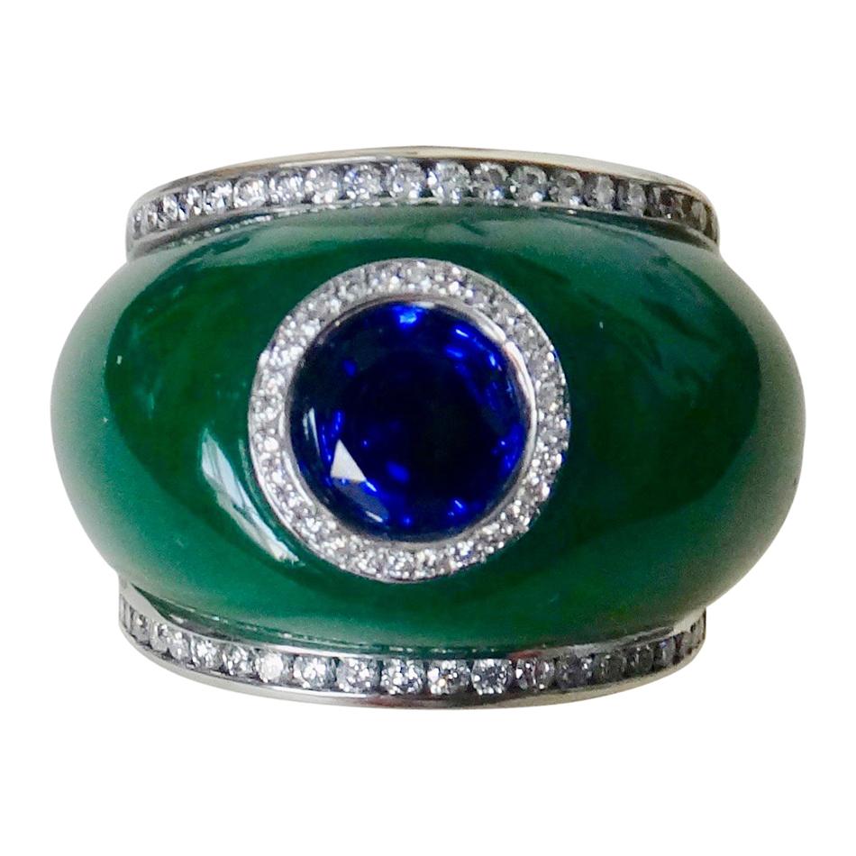 Michael Kneebone Green Jadeite Blue Sapphire Diamond Bombe Ring