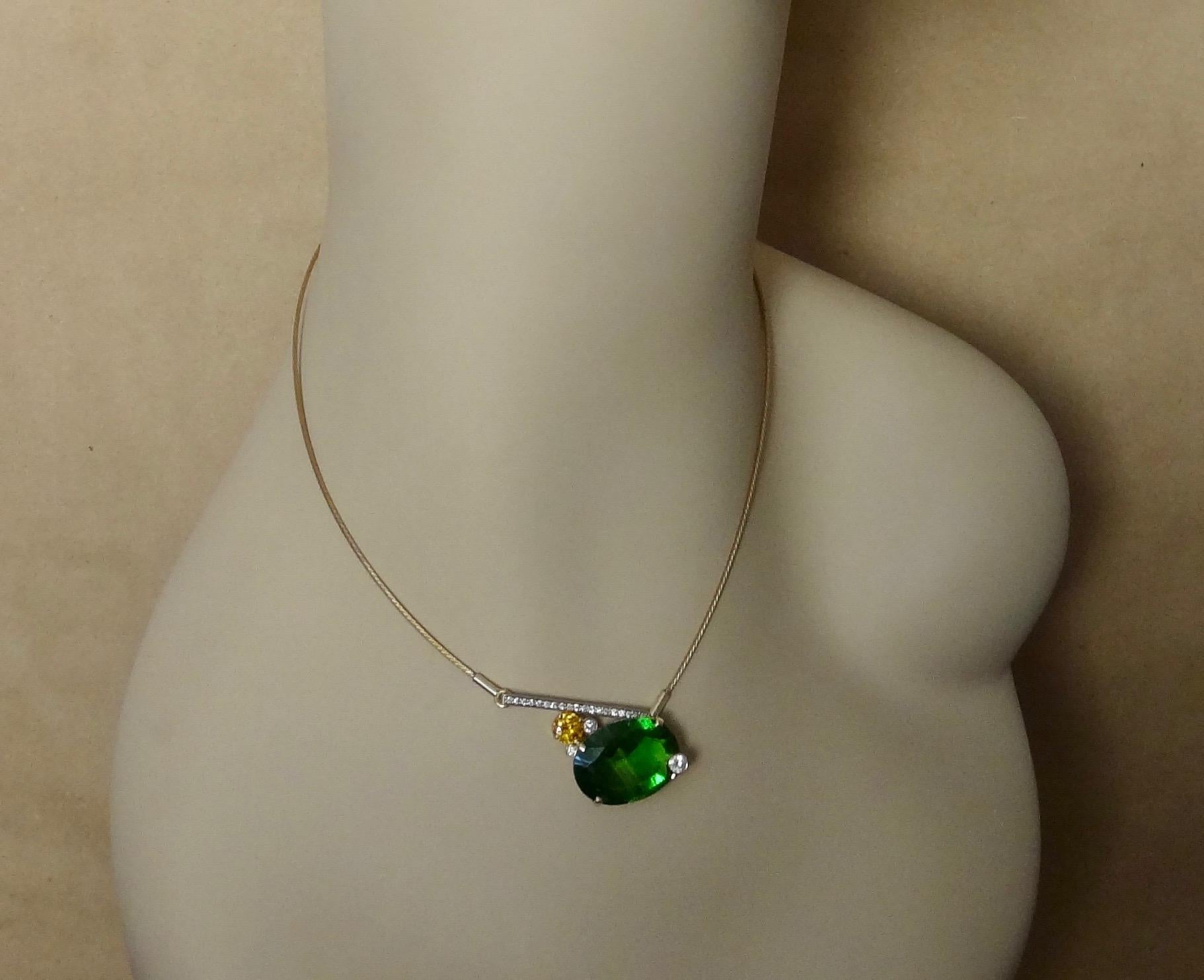 Contemporary Michael Kneebone Green Moldavite Yellow Sapphire Diamond Necklace